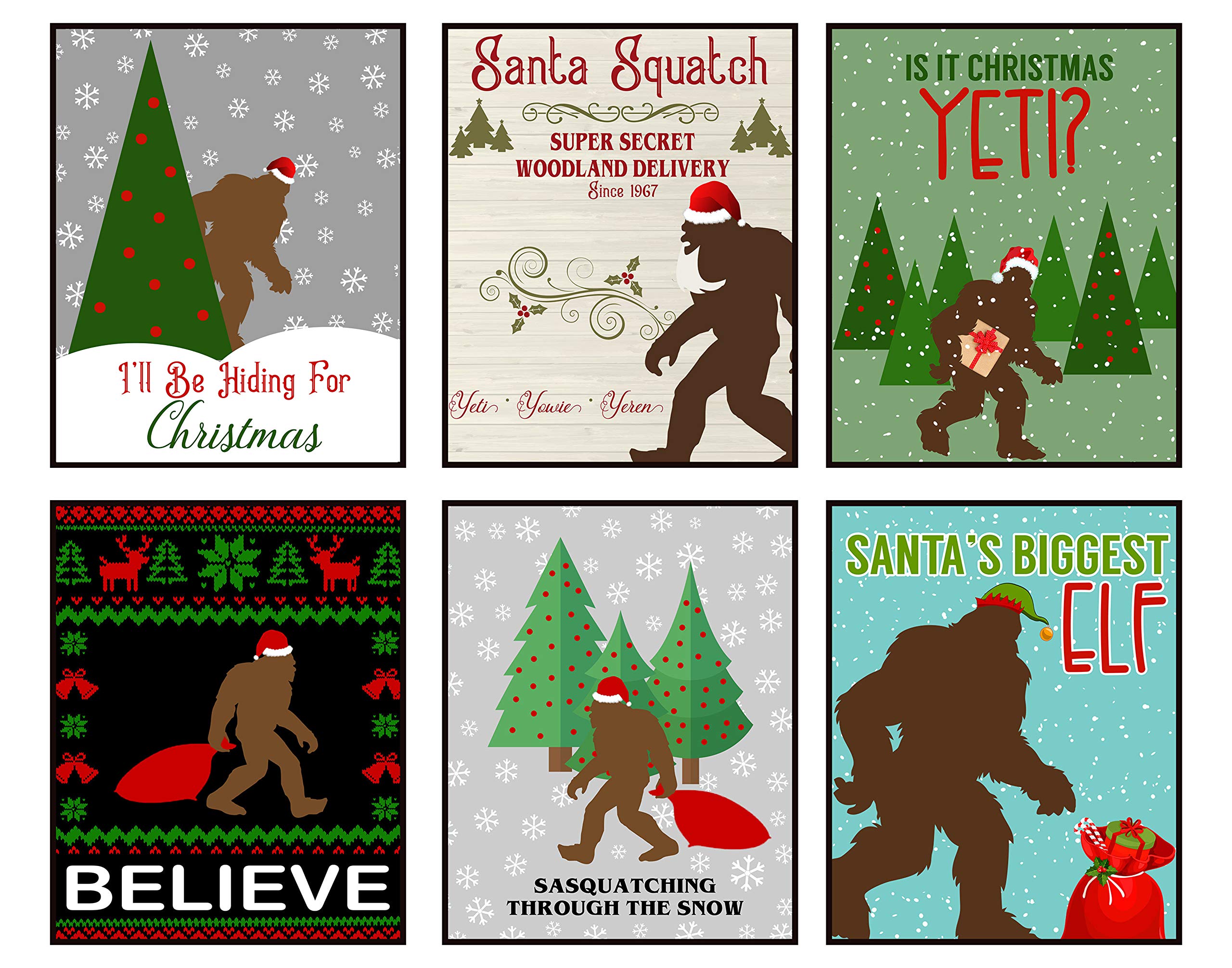 Funny Bigfoot Themed Art Prints Wall Decor Signs Bathroom Christmas Room (Christmas Set)