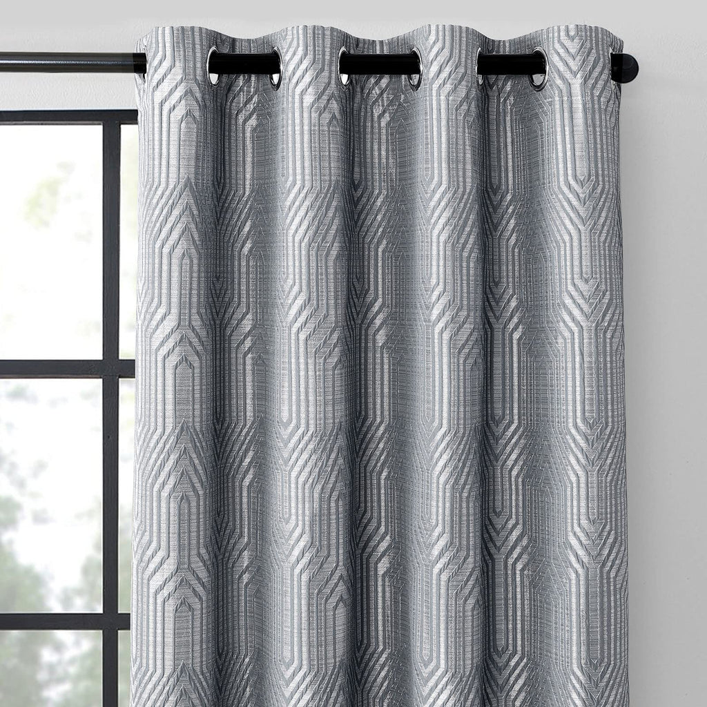 Light Grey And Silvery 100% Blackout Jacquard Geometric Pattern Curtains,52 Inch Wide 63 Inches Length 2 Panels, Thermal Insulat