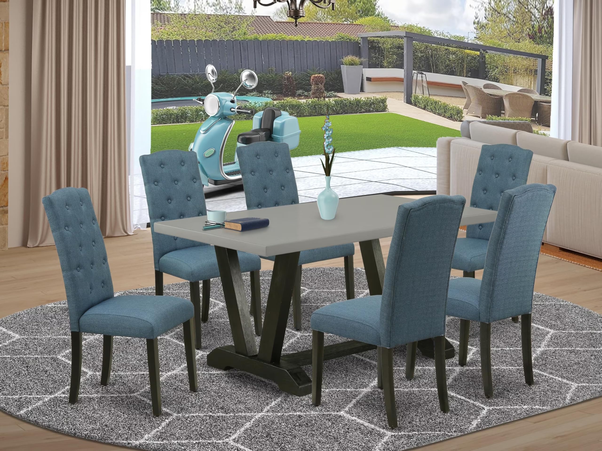 East West Furniture V696Ce121-7 7 Piece Dining Room Set Consist Of A Rectangle Dining Table With V-Legs And 6 Mineral Blue Linen Fabric Parson Chairs, 36X60 Inch, Multi-Color