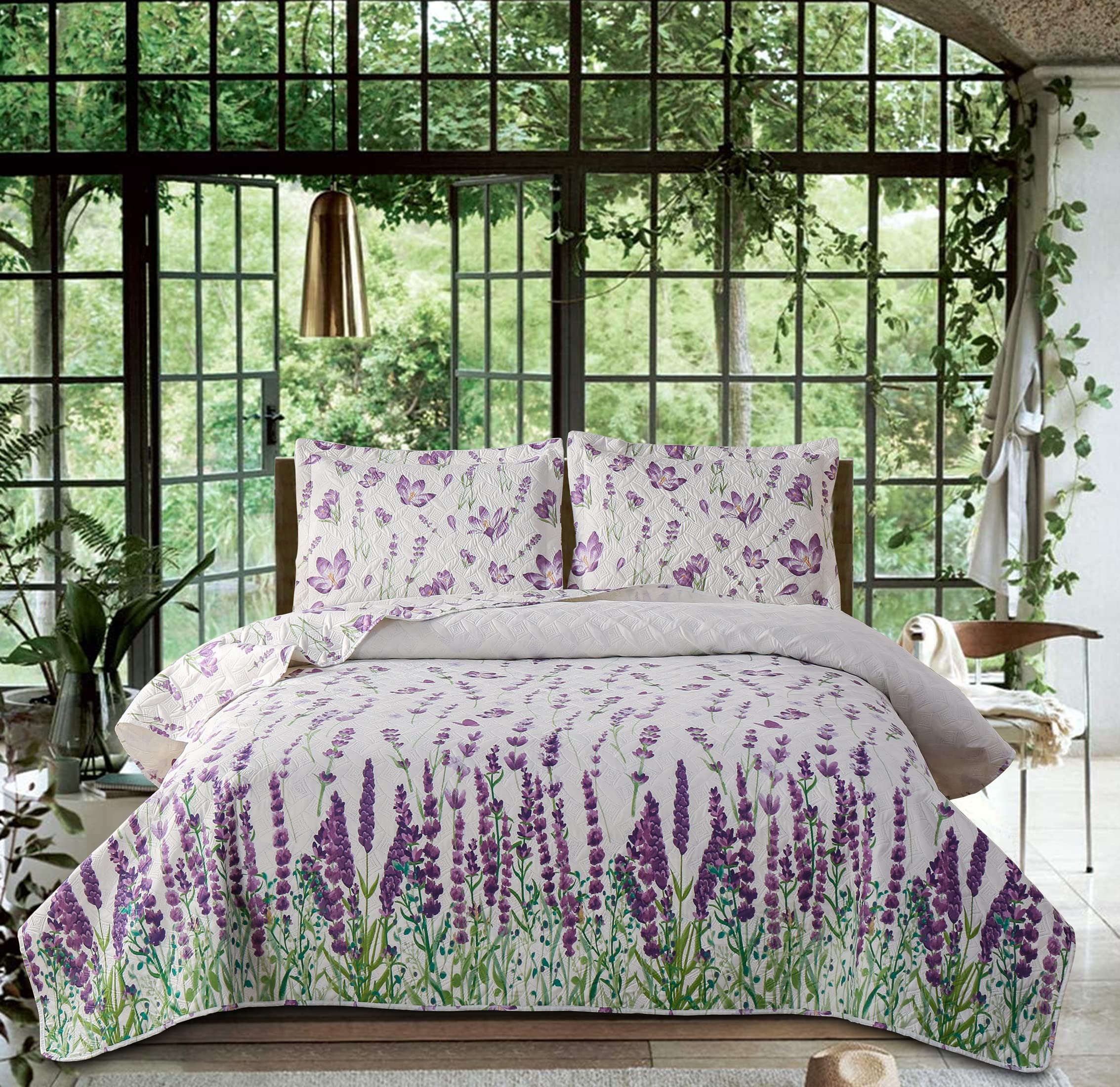 Quilt Set King Size Floral Quilt Bedspread King Summer Lightweight Quilt Bedding Reversible Quilt Green Leaves Purple Floral Bed