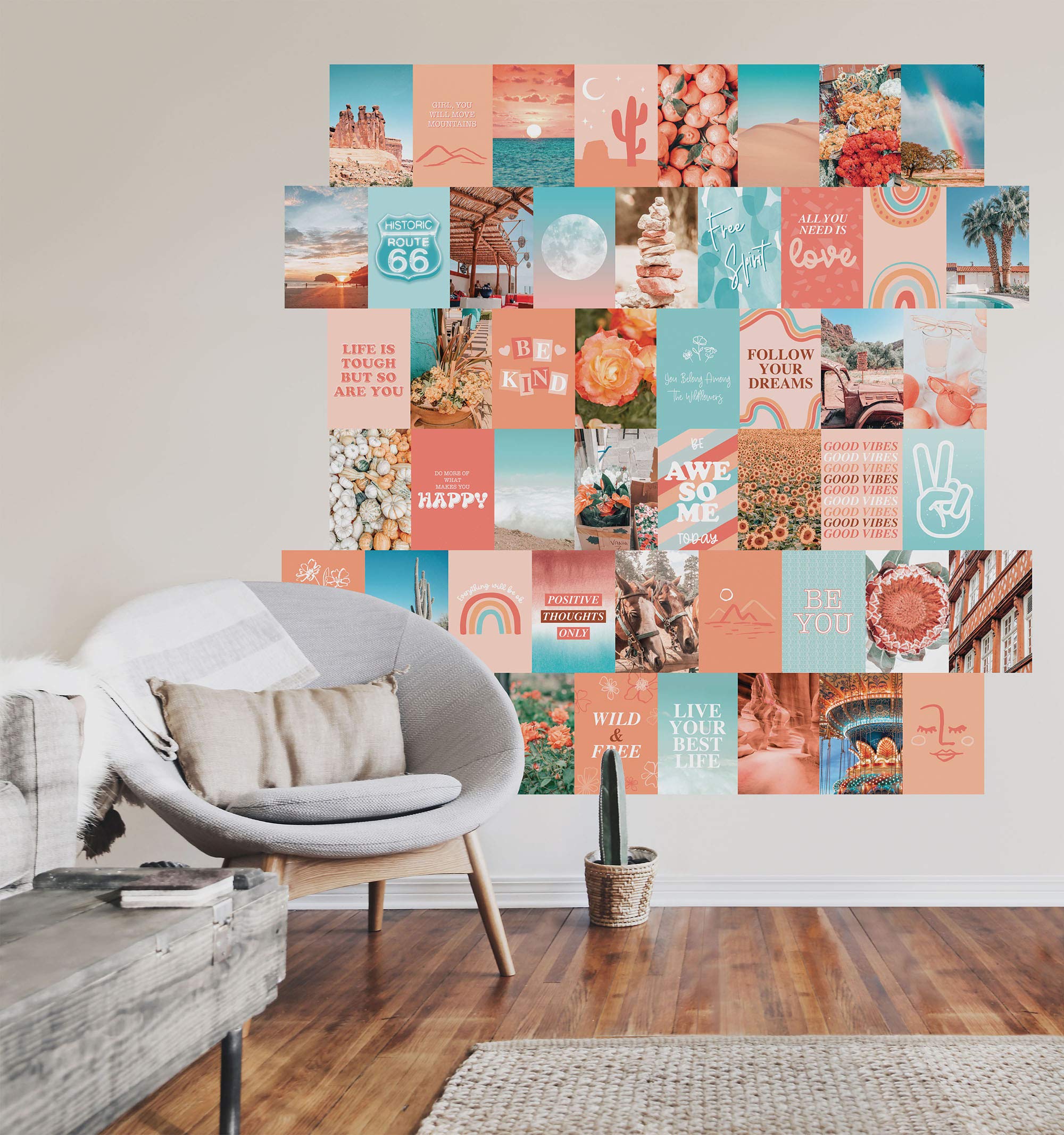 Peach Aesthetic Wall Collage Kit, Room Decor For Teen Girls, Peachy Teal Wall Art Print, Dorm Photo Collection, Boho Posters For