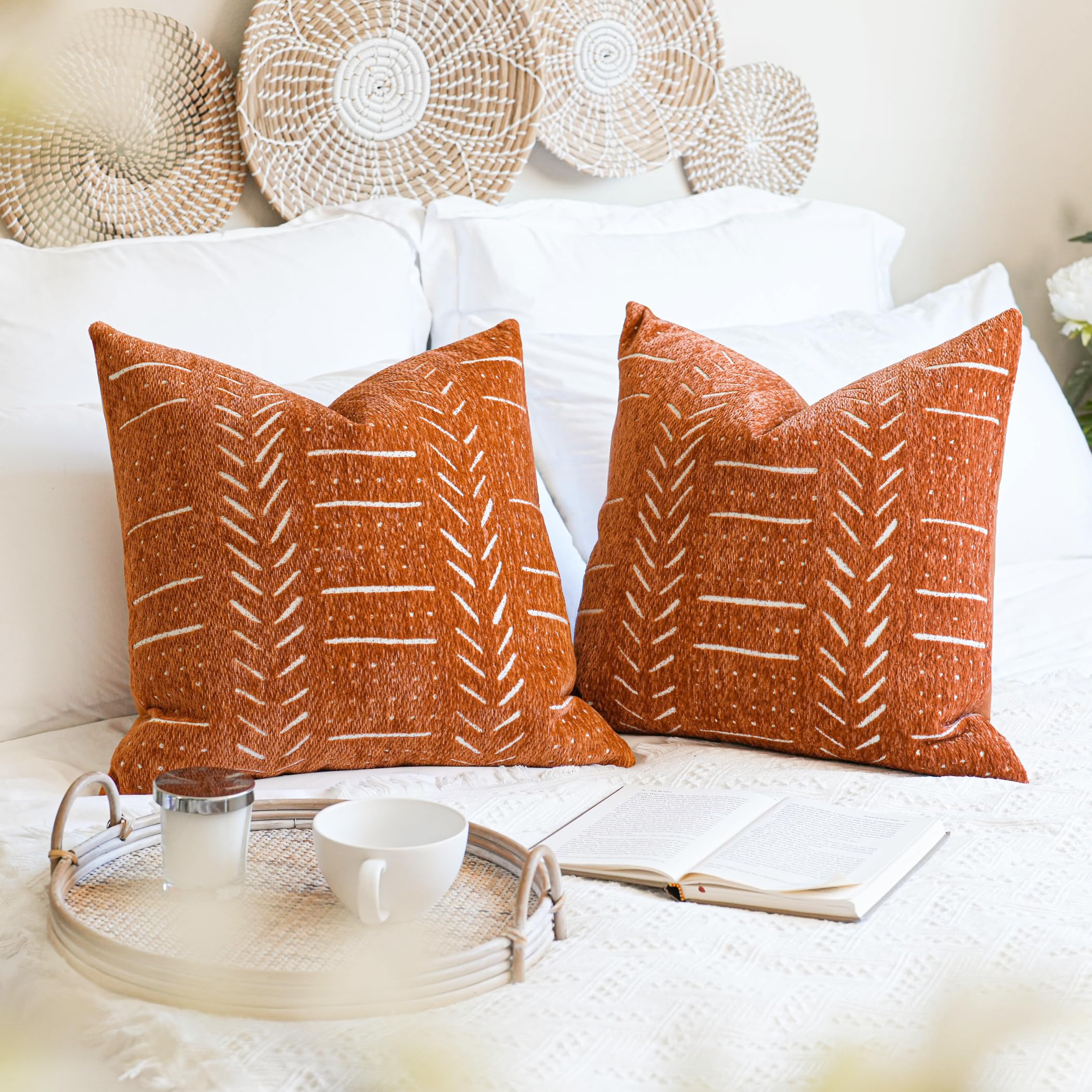 Blissblush Brick Red Decorative Throw Pillow Covers 18X18, Set Of 2, Boho Farmhouse Cushion Cover, Cozy Soft Accent Pillowcase F
