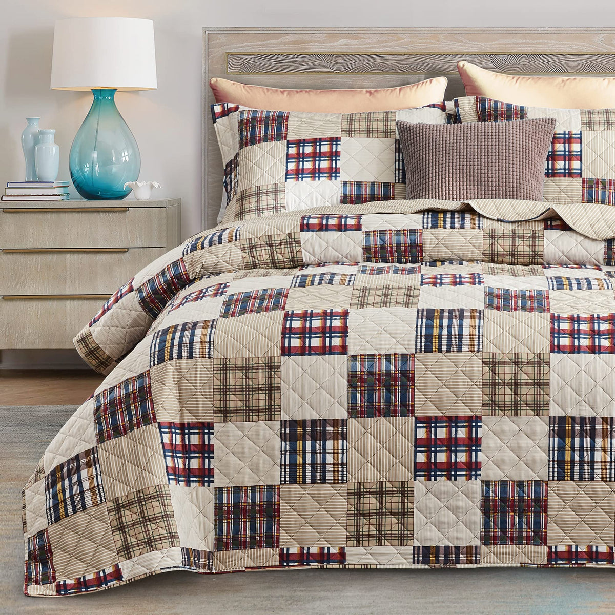 Chixin Plaid Quilt Queen Size - Classic Tartan Plaid Pattern - Lightweight Bedspread Coverlet Set, Country Patchwork Bedding Cov