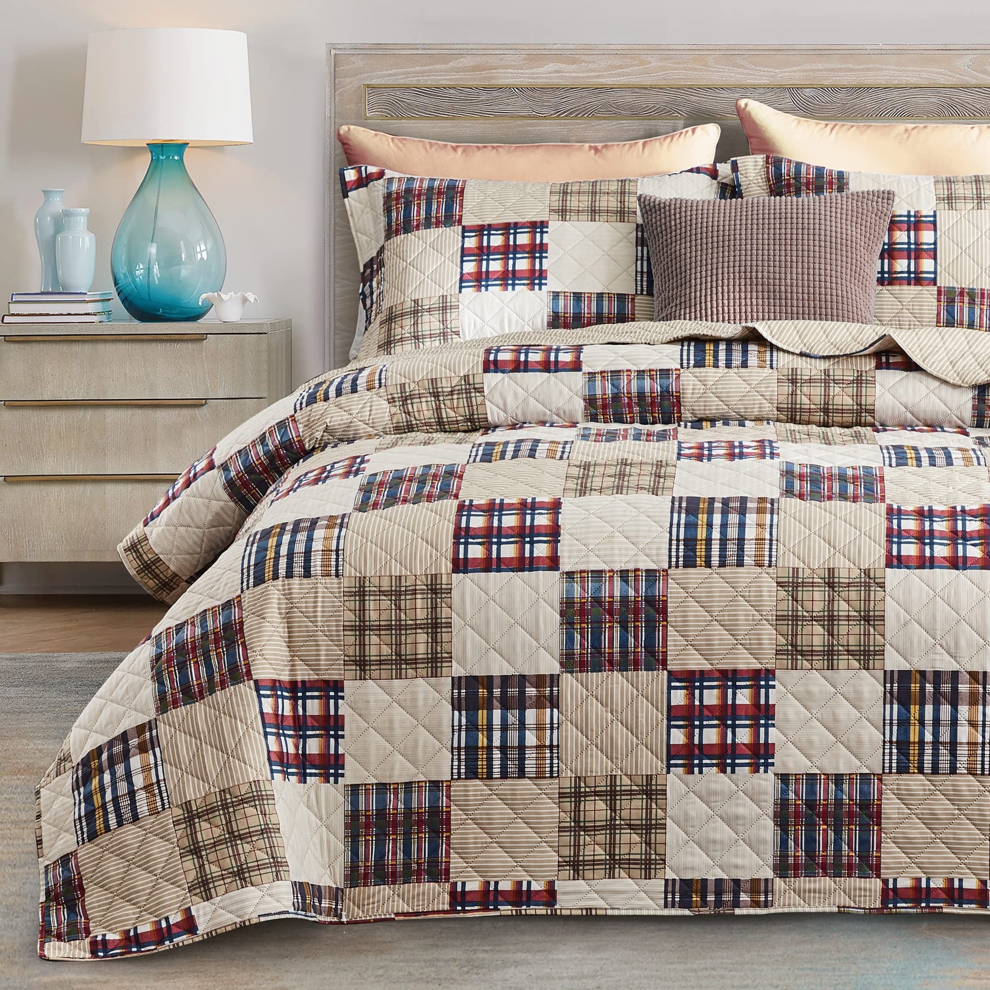 Chixin Plaid Quilt Queen Size - Classic Tartan Plaid Pattern - Lightweight Bedspread Coverlet Set, Country Patchwork Bedding Cov