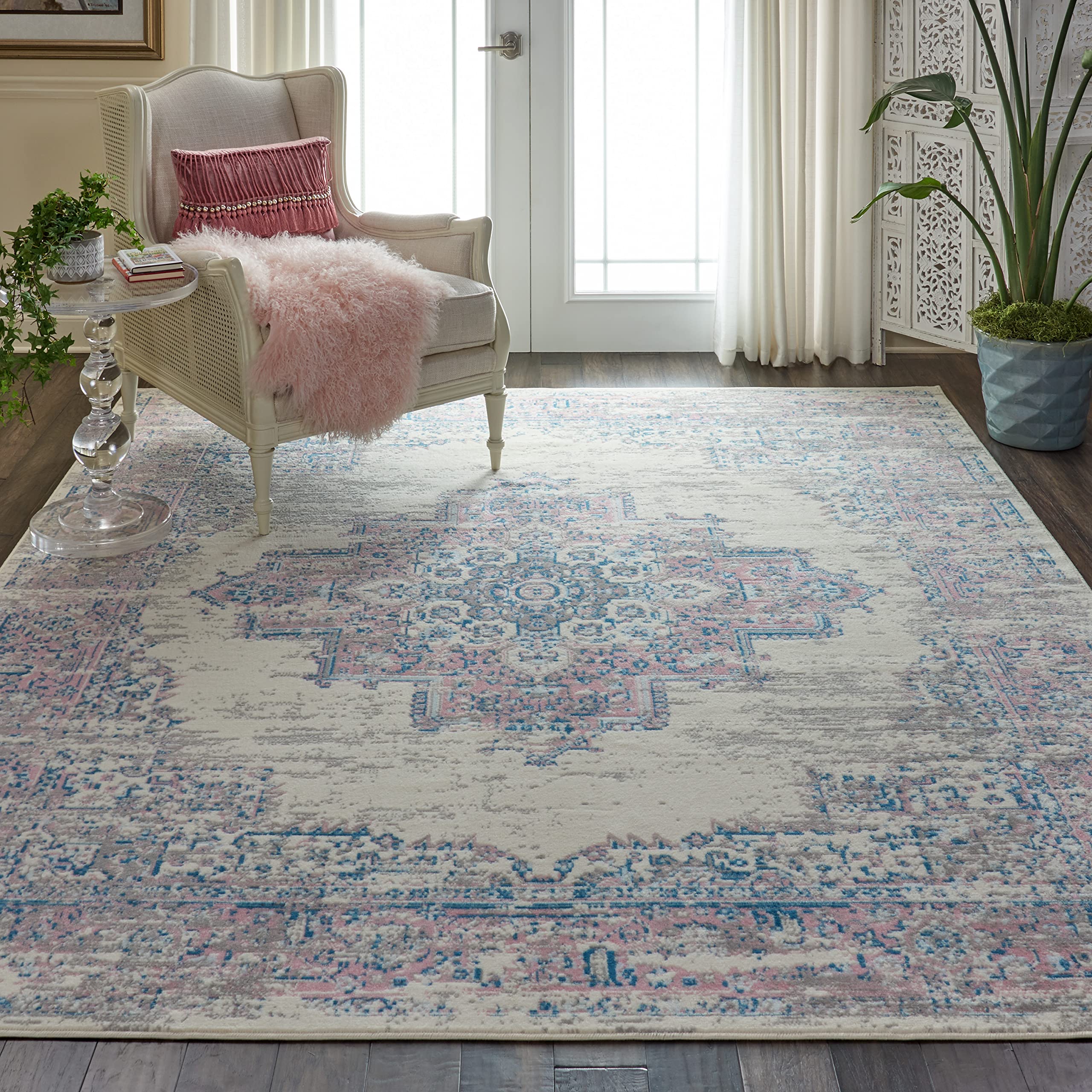 Nourison Grafix Traditional Ivory/Pink 7 x 10 Area -Rug, Easy -Cleaning, Non Shedding, Bed Room, Living Room, Dining Room, Kit
