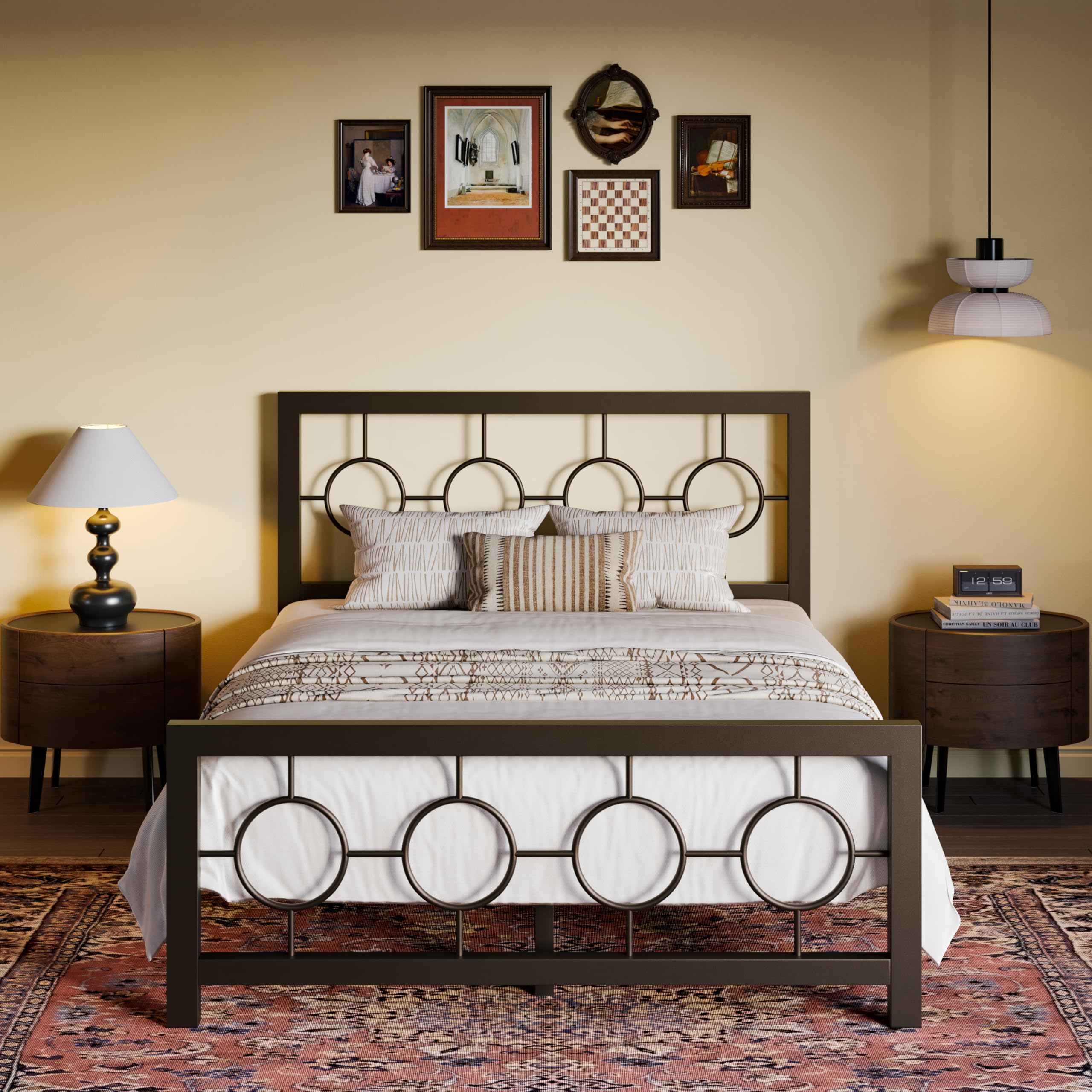 SHA CERLIN Full Size Metal Bed Frame with Vintage Circular Design Headboard and Footboard,No Box Spring Required,Easy Assembly,N