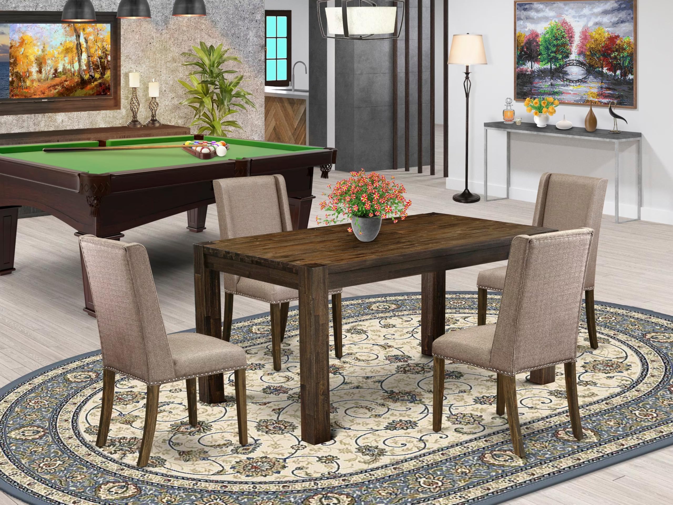 East West Furniture Cnfl5-77-16 5 Piece Dining Table Set For 4 Includes A Rectangle Rustic Wood Dinner Table And 4 Dark Khaki Linen Fabric Upholstered Chairs, 36X60 Inch, Jacobean