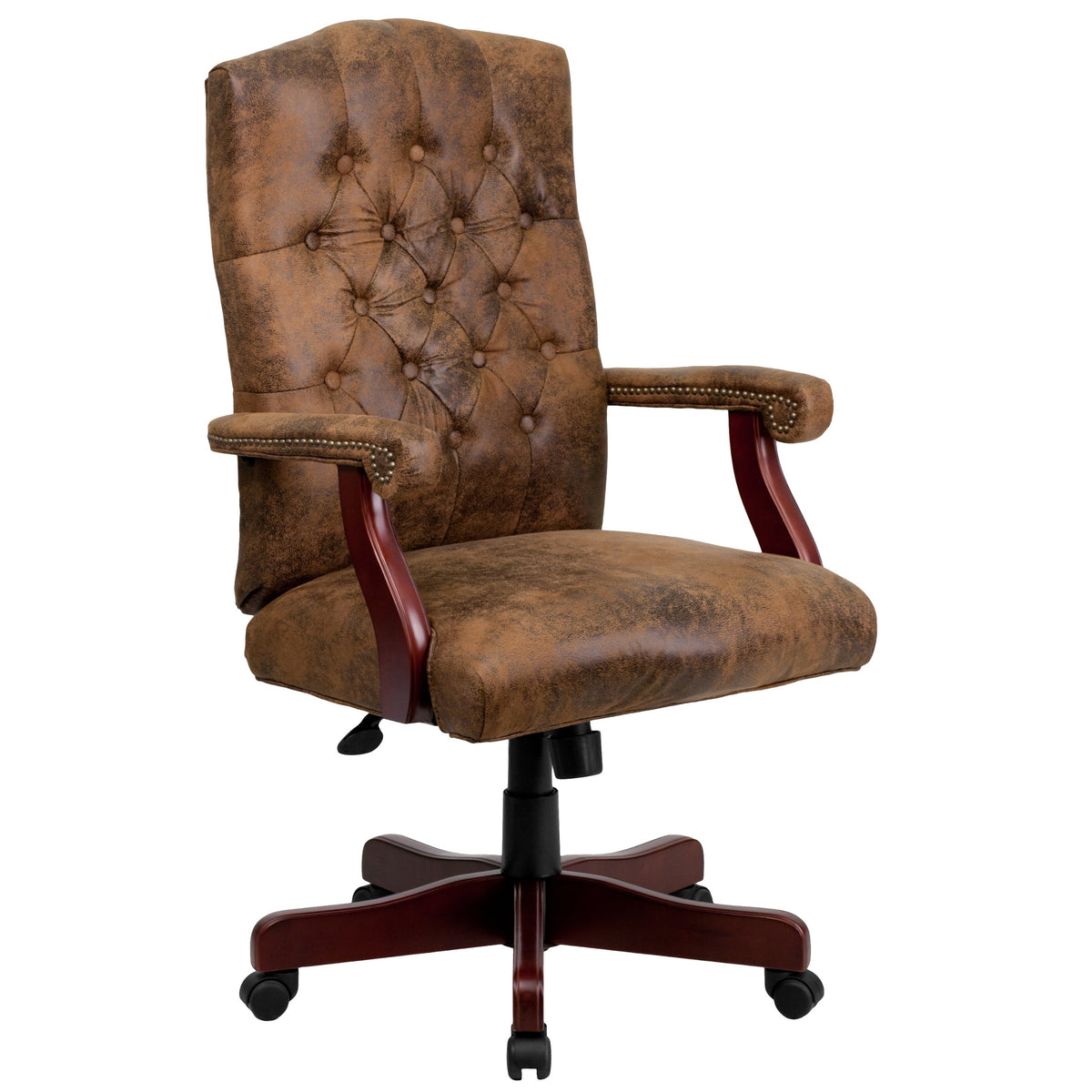 Flash Furniture Derrick Traditional Microfiber Tufted Swivel Office Chair with Wood Base, Ergonomic Farmhouse High-Back Desk Chair, Bomber Brown