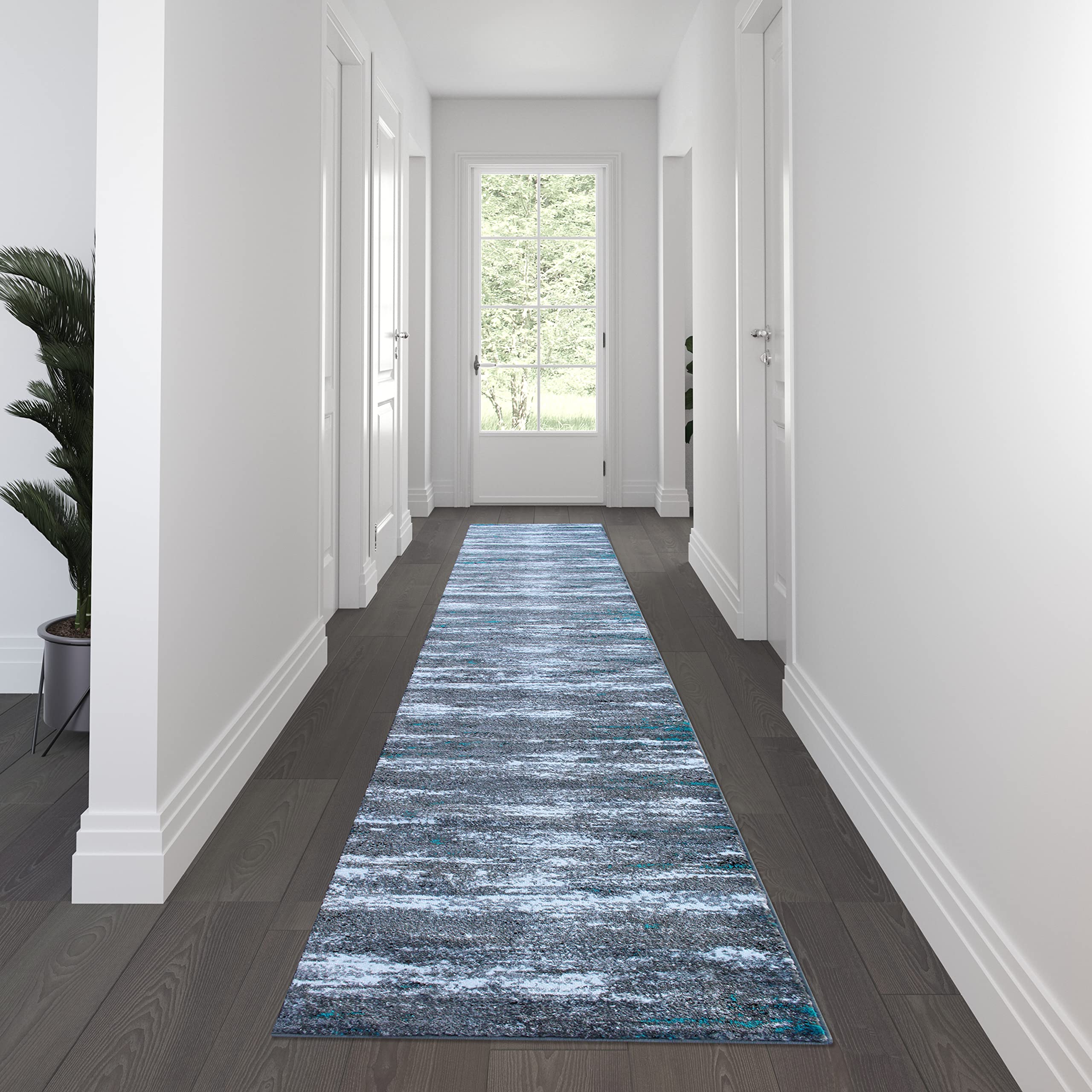 Flash Furniture Marian Collection Area Rug - Distressed Turquoise Olefin Rug With Jute Backing - 3' X 16' - Entryway, Living Room, Bedroom
