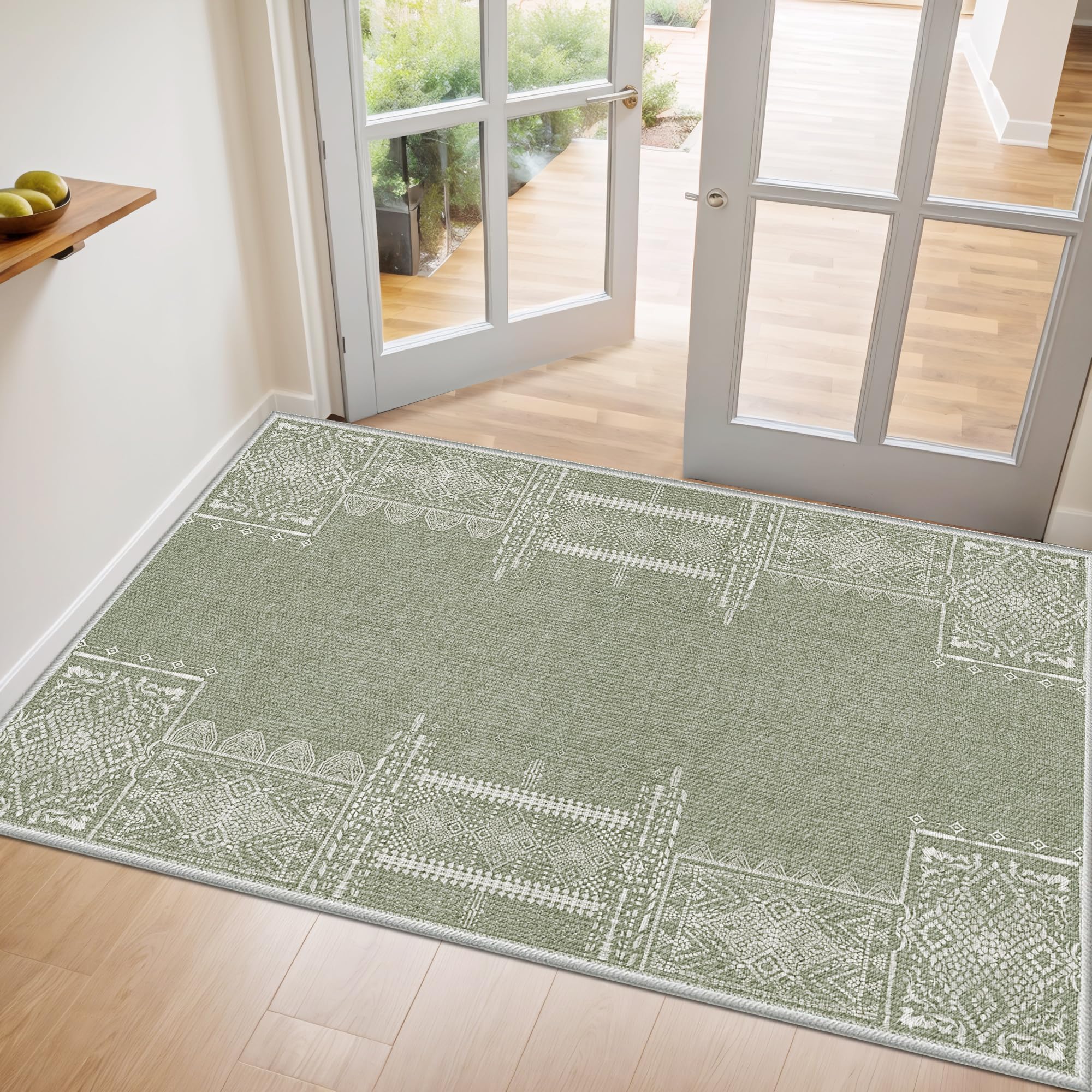 NICETOWN Entryway Rug 2x3 Small Rug Sage Green Rug Washable Thin Geometric Area Rug - 2x3 Boho Non-Slip Entryway Rug Living Room
