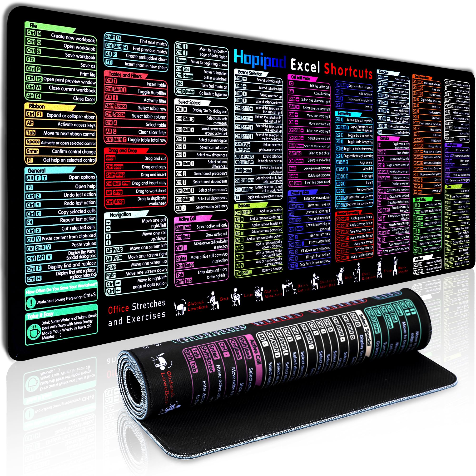 Excel Cheat Sheet Desk Pad With 231 Shortcuts | Xl 31.5 'X11.8 ' Waterproof Mousepad | Non-Slip Office & Gaming Desk Mat | Sti