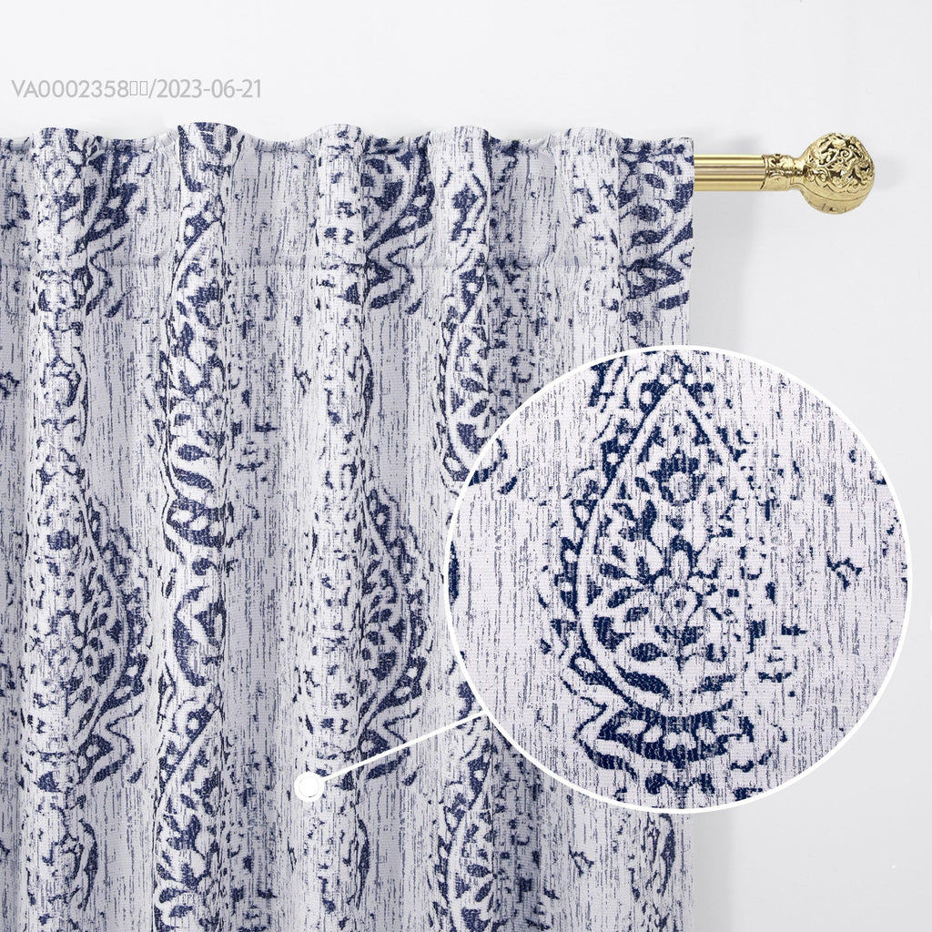 Patterned Living Room Curtains Drapes 108 Inch Long 2 Panels,Extra Long 50% Blackout Black Out Light Filtering Back Tab Boho Print Pattern 9Ft Length Ceiling Curtains For Tall Window,Navy Blue
