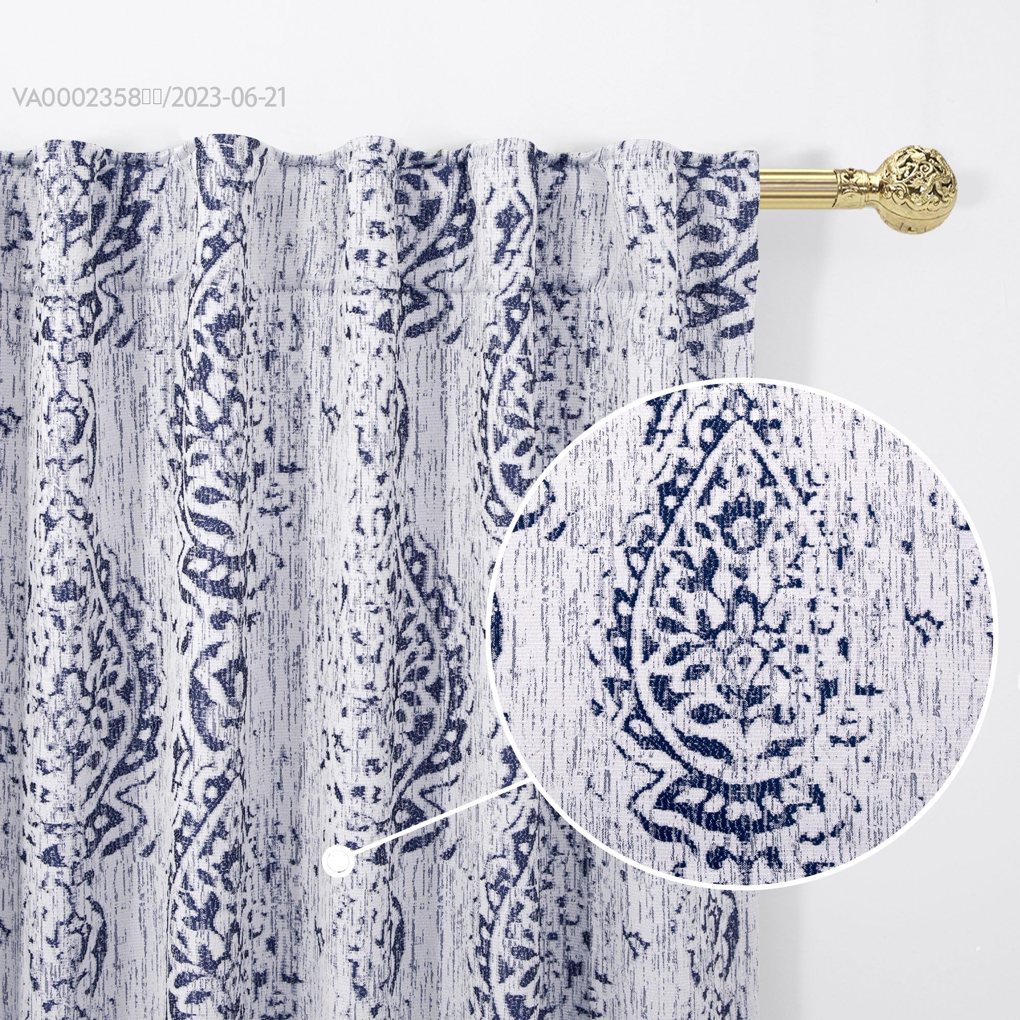 Patterned Living Room Curtains Drapes 108 Inch Long 2 Panels,Extra Long 50% Blackout Black Out Light Filtering Back Tab Boho Print Pattern 9Ft Length Ceiling Curtains For Tall Window,Navy Blue