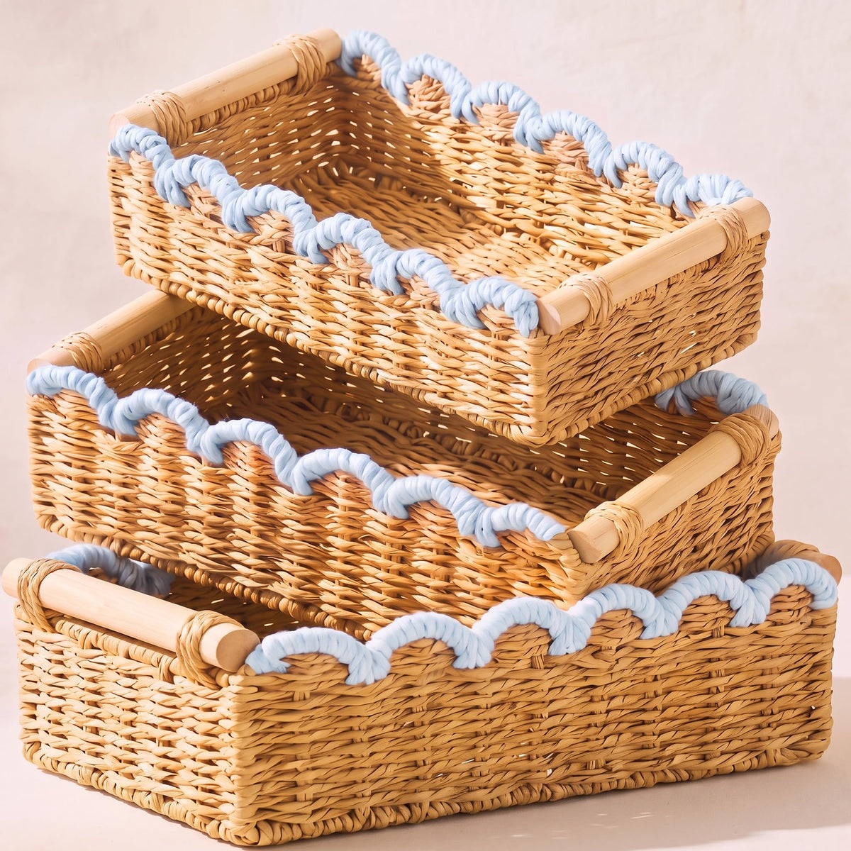 Yiyiring 3 Pcs Paper Rope Storage Basket with Wooden Handles, Light Blue