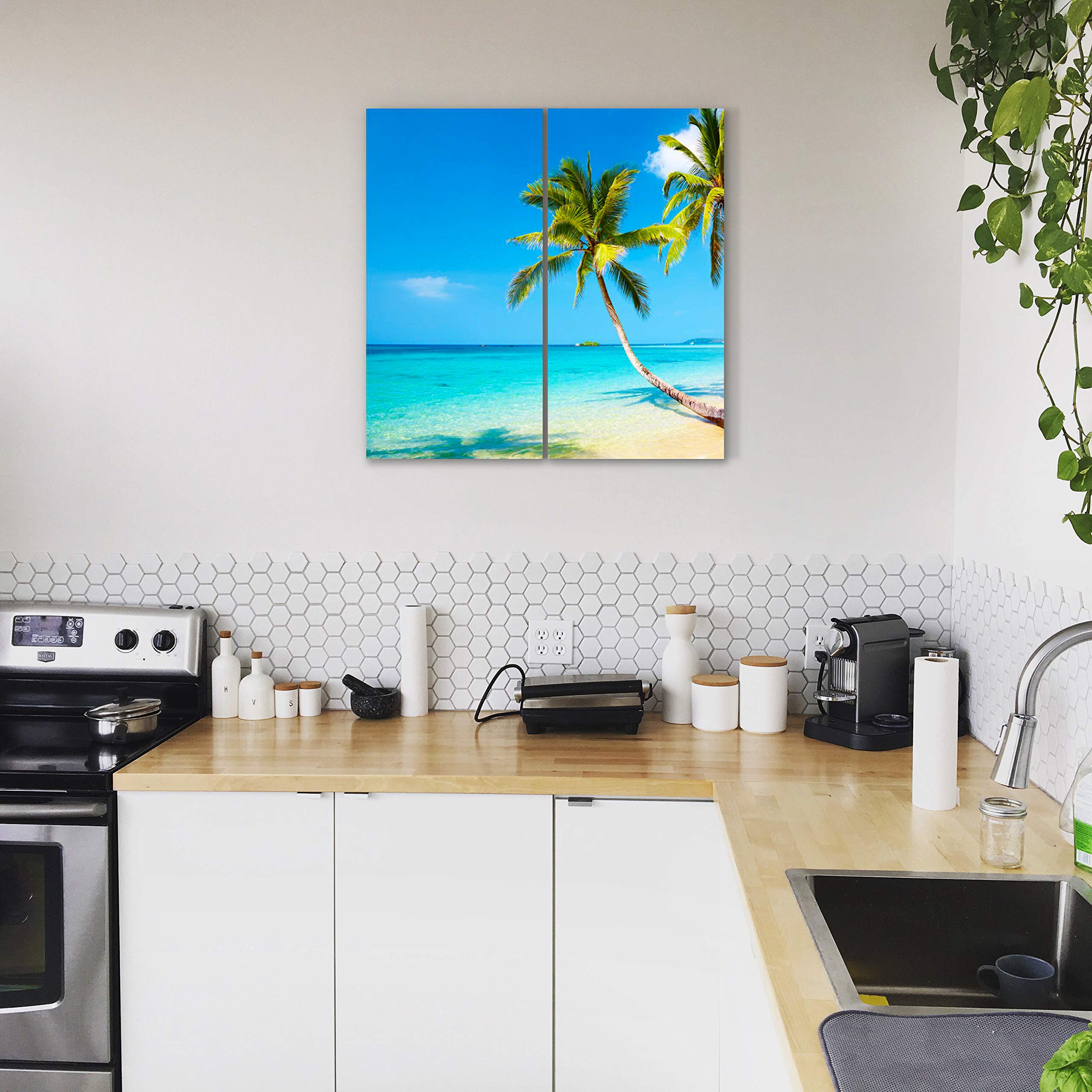 Beach Canvas Wall Art Decor - 2 Piece Set, Decorative Multi Panel Split Prints - Palm Tree Ocean Picture For Living Room, Kitche