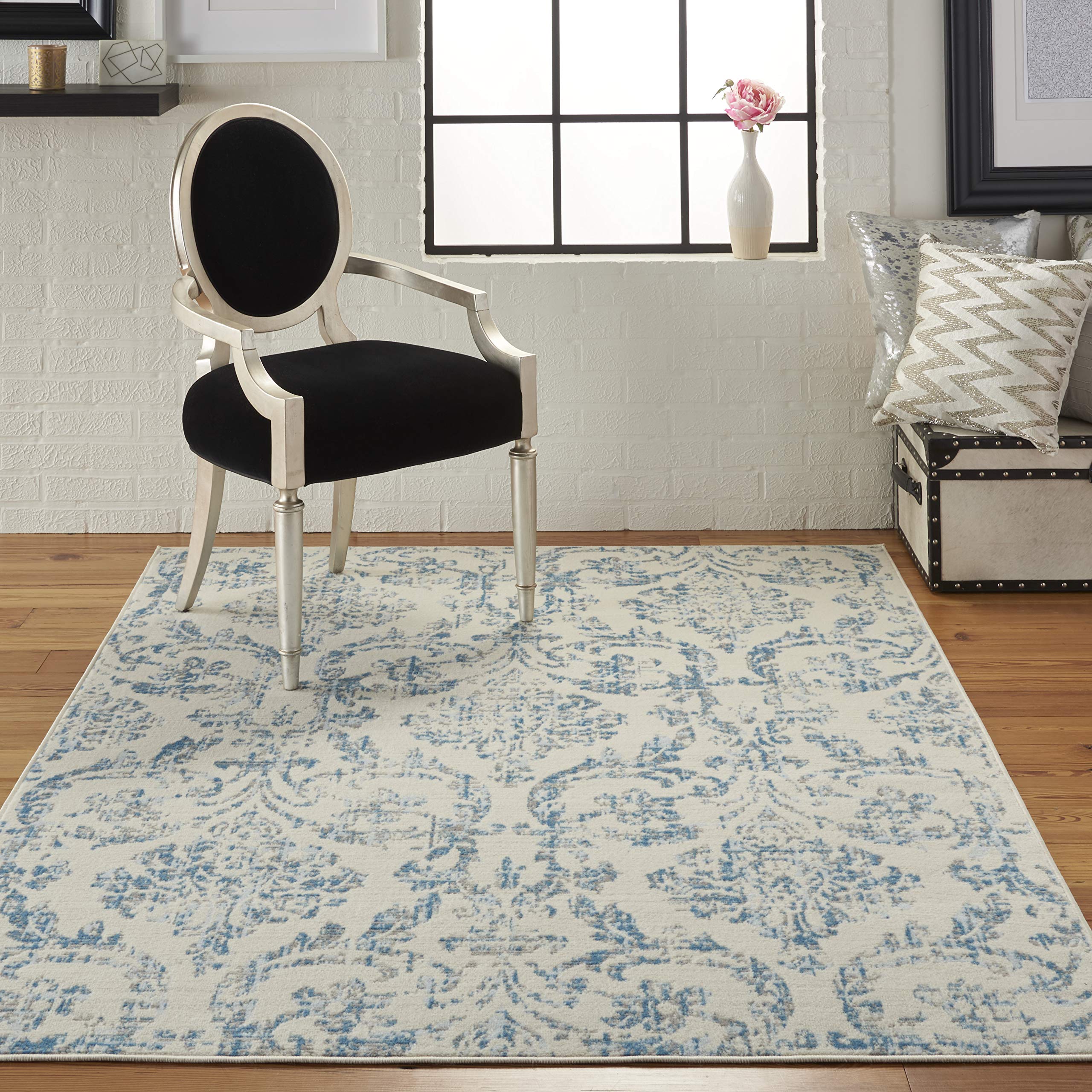 Nourison Jubilant Damask Ivory/Blue 53 x 73 Area -rug, Easy -cleaning, Non Shedding, Bed Room, Living Room, Dining Room, Kitch
