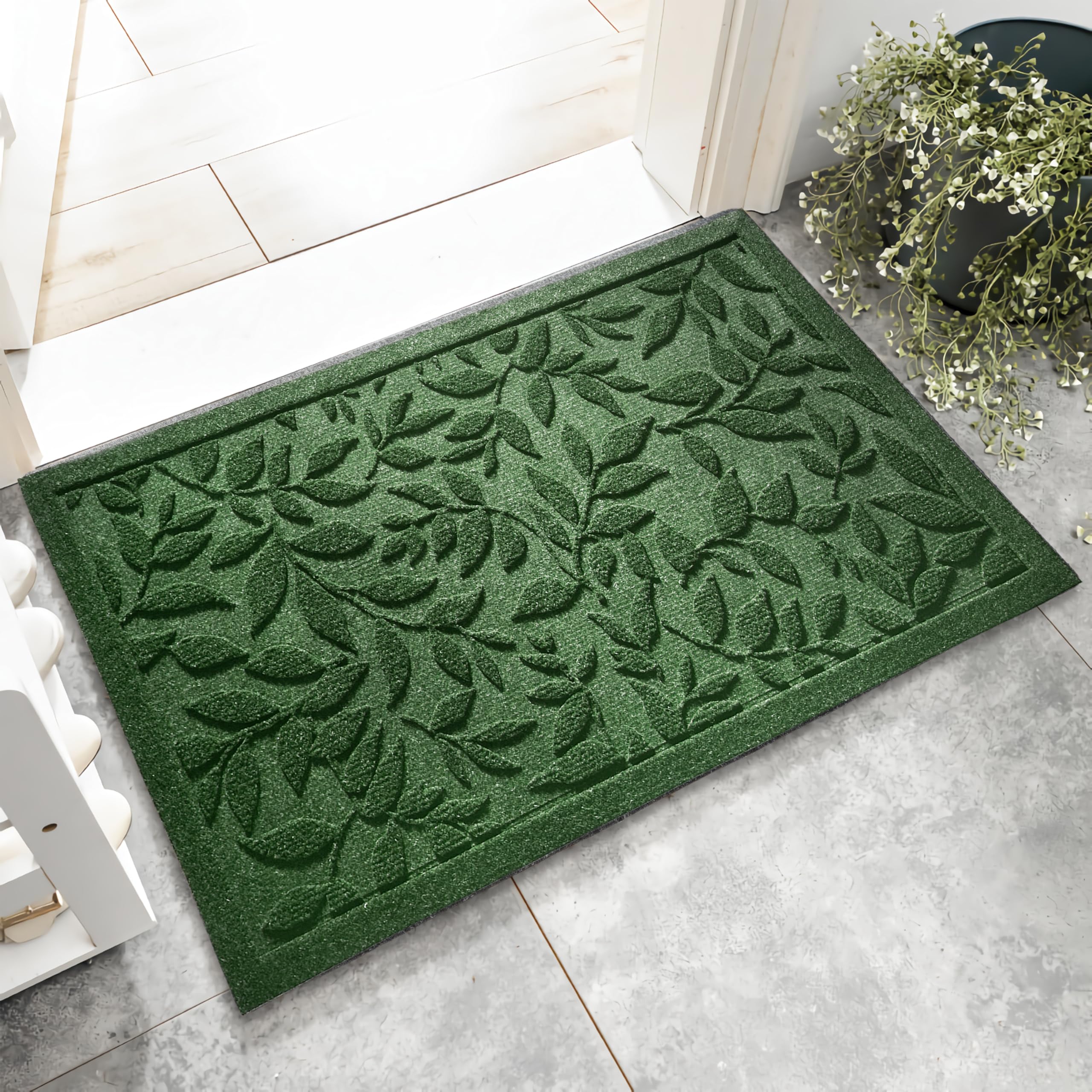 Vivanest Green Leaves Outdoor Indoor Entrance Doormats, Absorbent Durable Heavy Duty Welcome Front Door Mat,Thick Natural Rubber