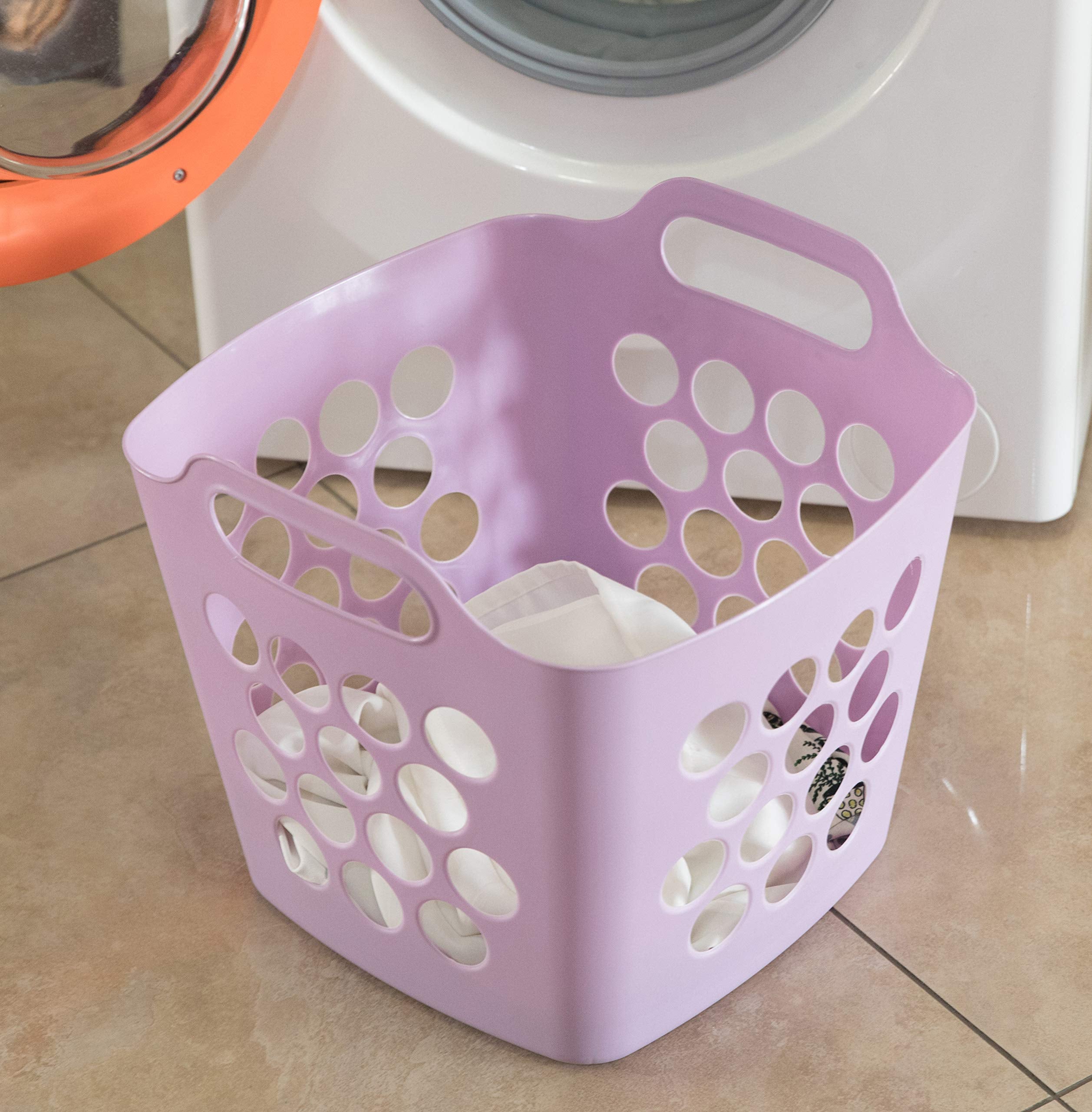 Flexible Plastic Carry Laundry Basket Holder Square Storage Hamper With Side Handles (Purple)