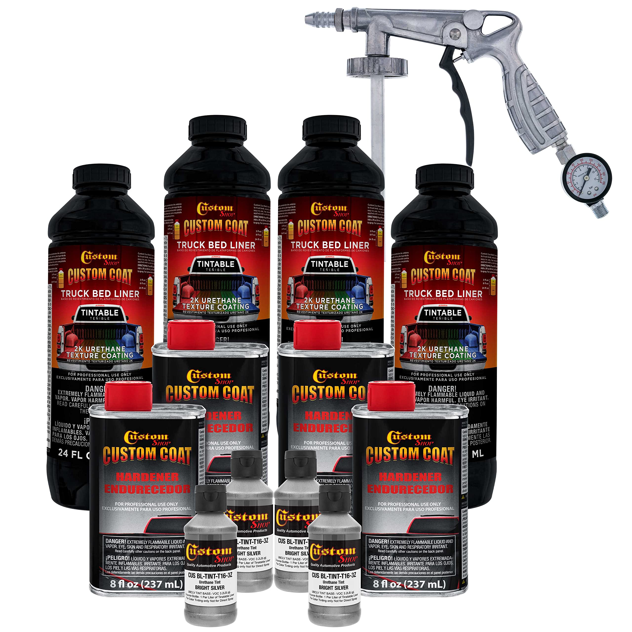 Custom Coat Bright Silver 1 Gallon Urethane Spray-On Truck Bed Liner Kit With Spray Gun And Regulator - Easy Mixing, Shake, Shoo