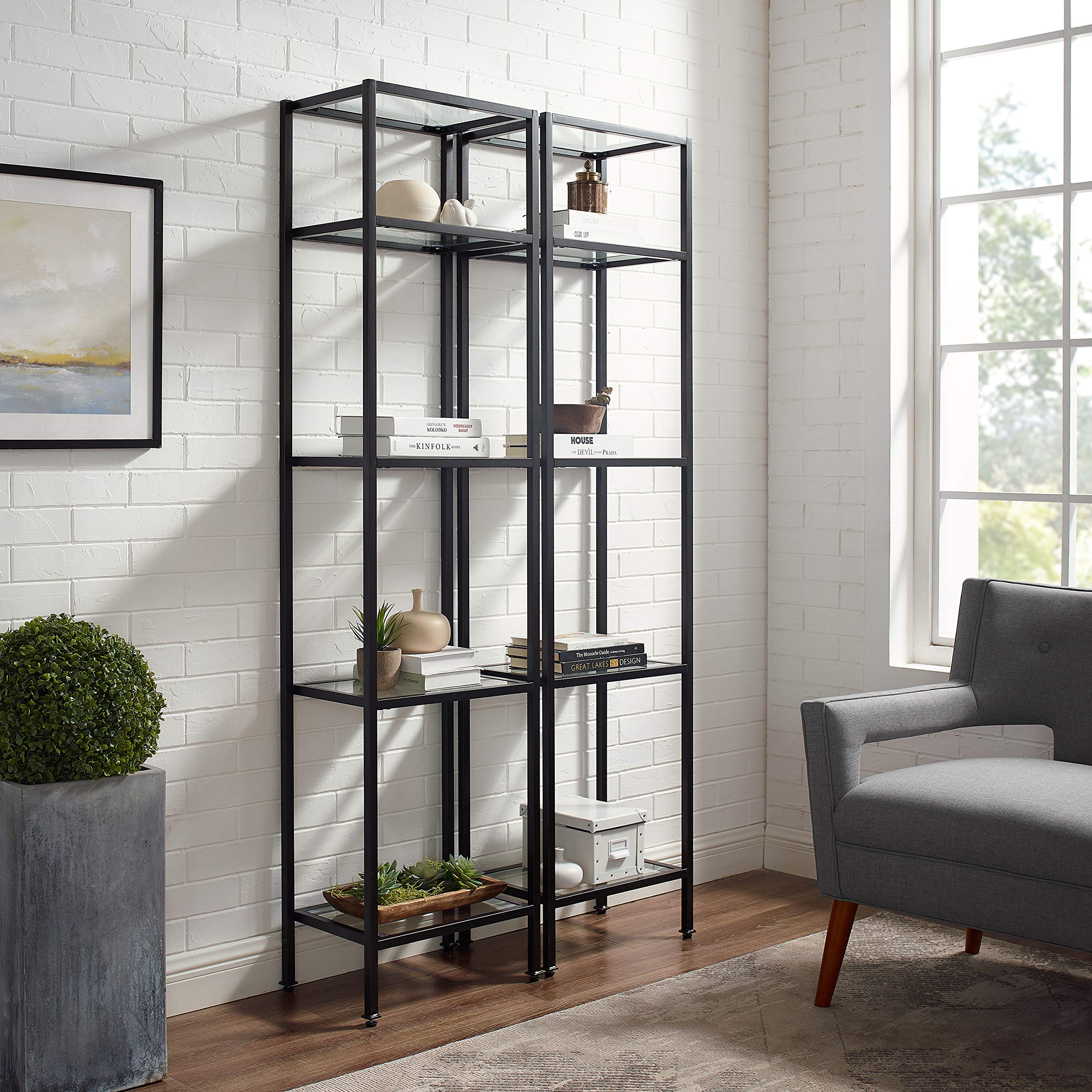 Crosley Furniture Aimee 2-Piece Bookshelf Set with Glass Shelves, Bookcase Storage, Oil-Rubbed Bronze