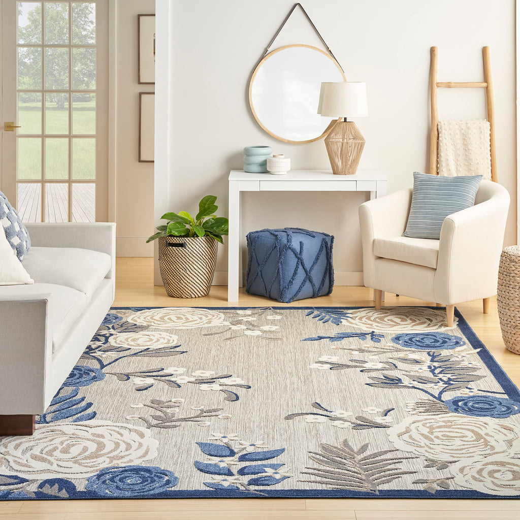 Nourison Aloha Indoor/Outdoor Blue/Grey 7'10' X 10'6' Arearug, Easycleaning, Non Shedding, Bed Room, Living Room, Dining Room, Kitchen (8X11)