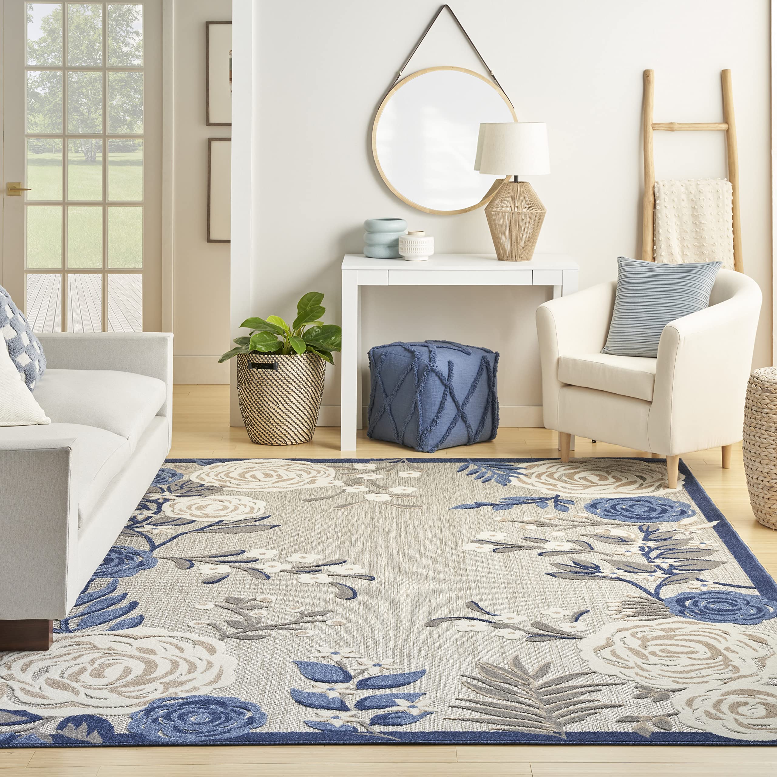 Nourison Aloha Indoor/Outdoor Blue/Grey 7'10' X 10'6' Arearug, Easycleaning, Non Shedding, Bed Room, Living Room, Dining Room, Kitchen (8X11)