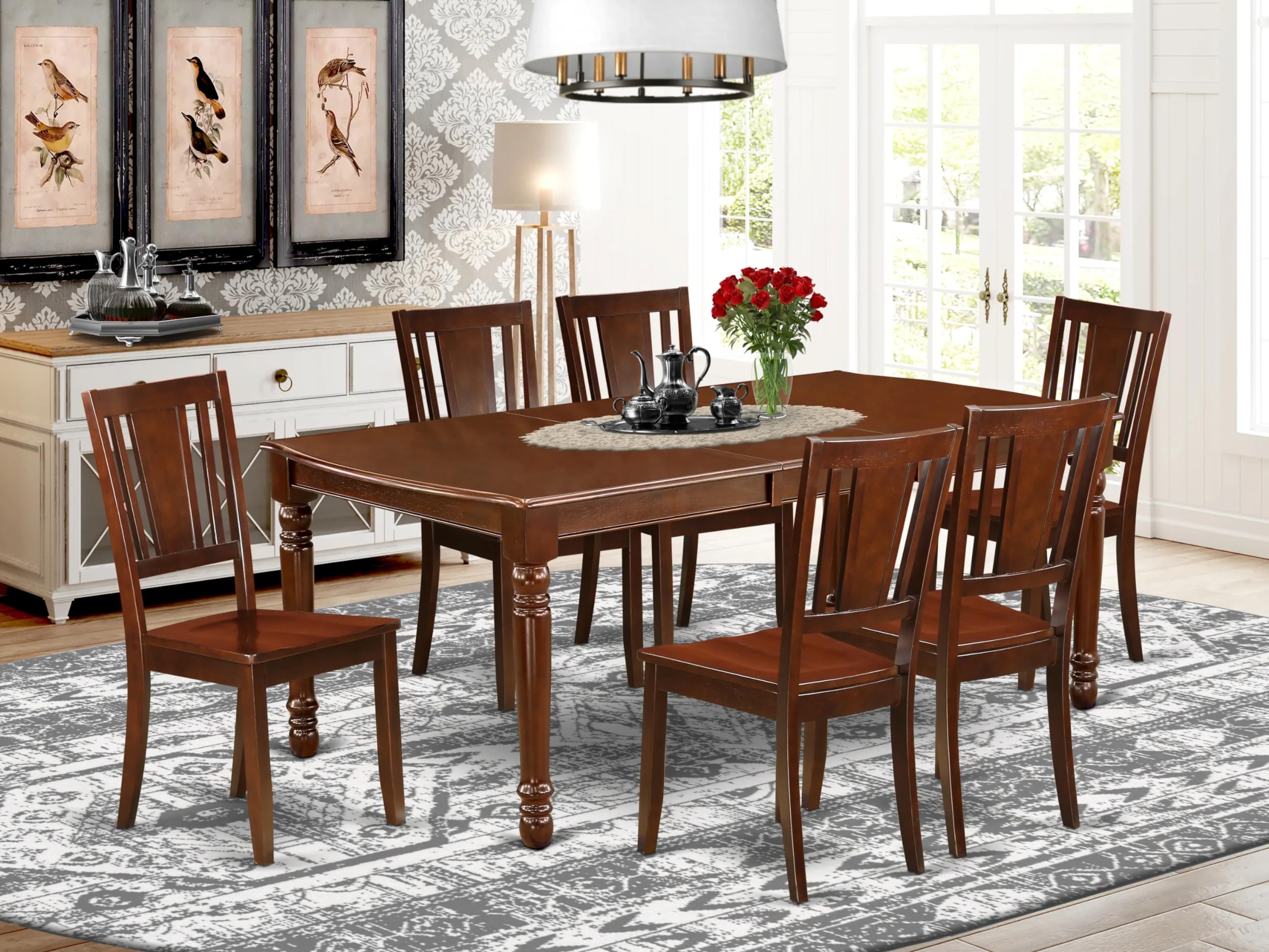 East West Furniture Dodu7-Mah-W 7 Piece Dining Table Set Consist Of A Rectangle Wooden Table With Butterfly Leaf And 6 Dining Room Chairs, 42X78 Inch, Mahogany