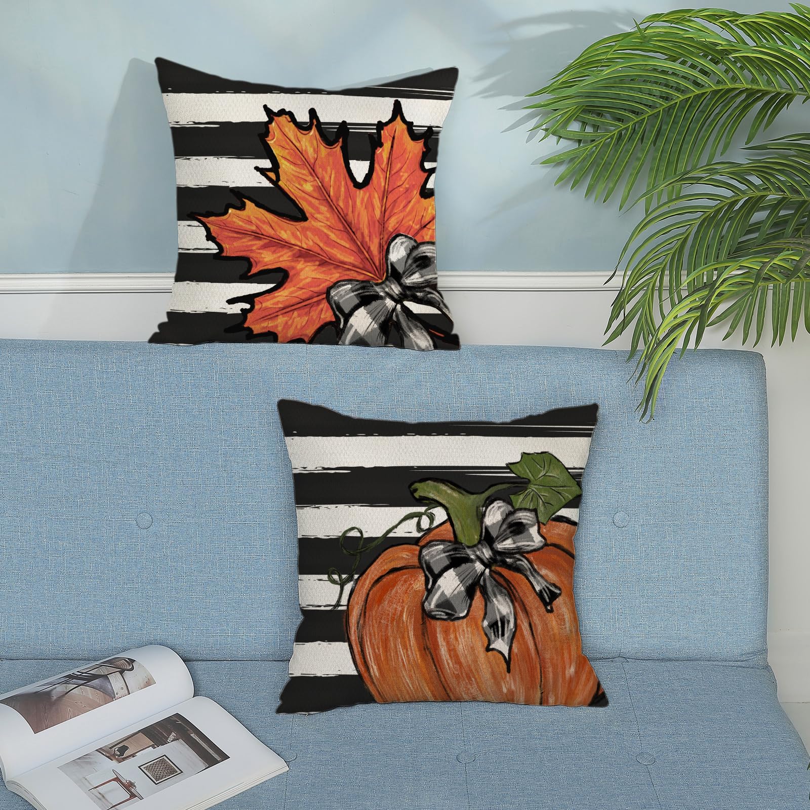 Gohdiwh Fall Pillow Covers 20X20 Set Of 2 Orange Pumpkin Maple Leaves Stripes Fall Decor Pillowcase Autumn Harvest Decorative Ou