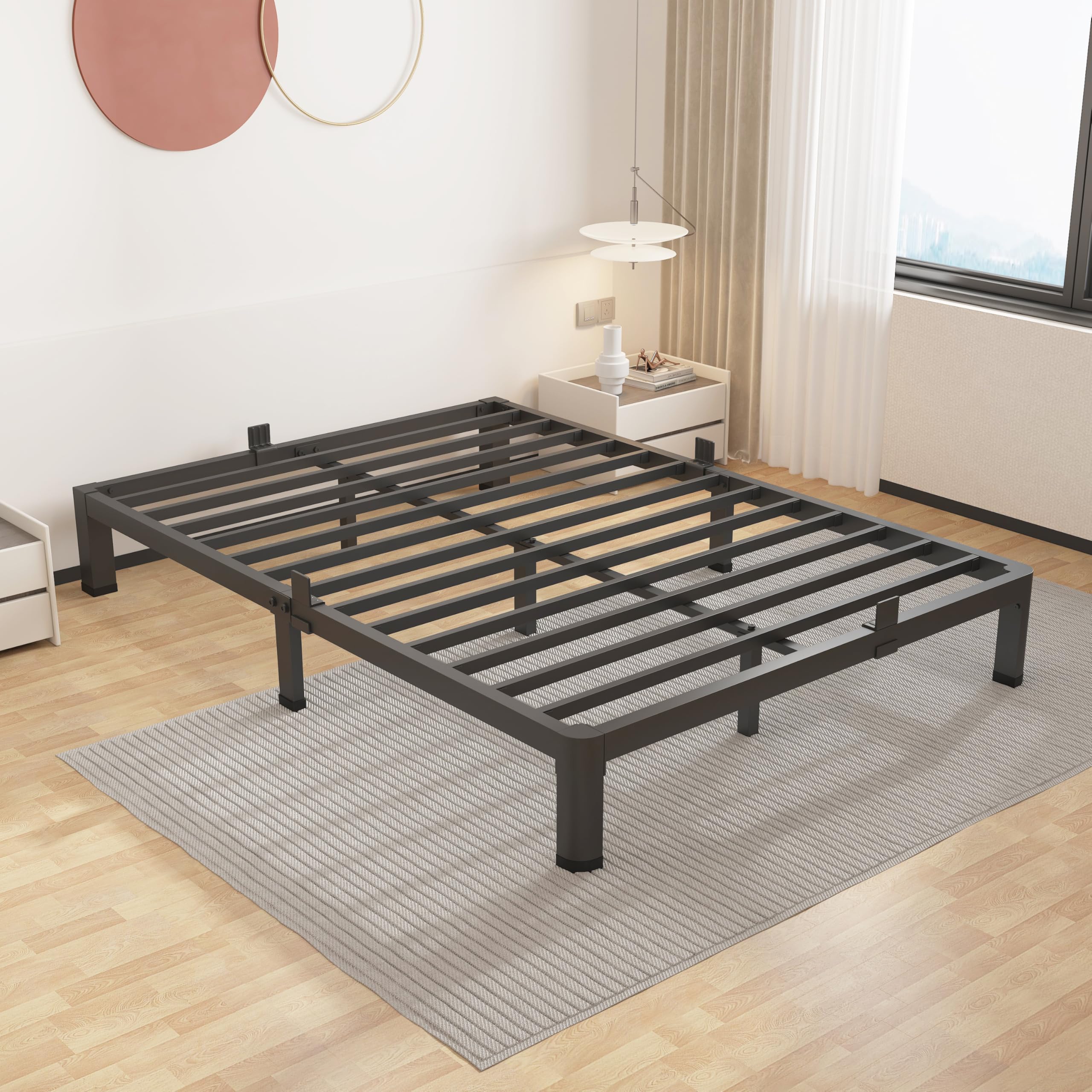 ROIL 10 inch Full Size Bed Frame with Headboard Hole and Round Corner Legs Mattress Retainers 3500LBS Heavy Duty Steel Slats No 
