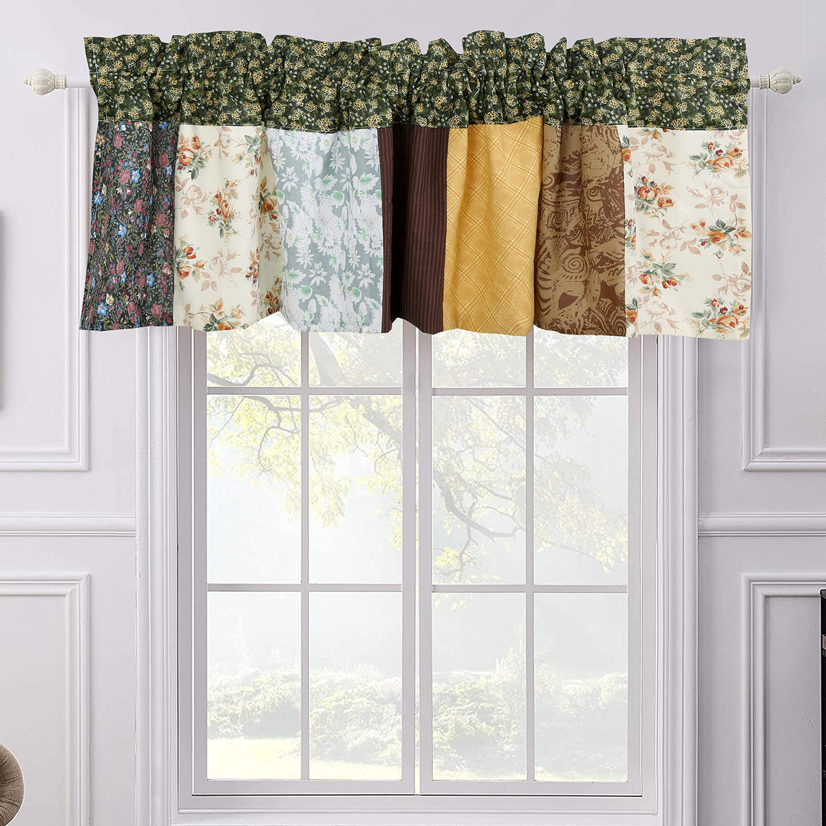 Cozy Line Home Fashions Brown Olive Farmhouse Country Patchwork Rod Pocket Window Valance, 16' X 56'