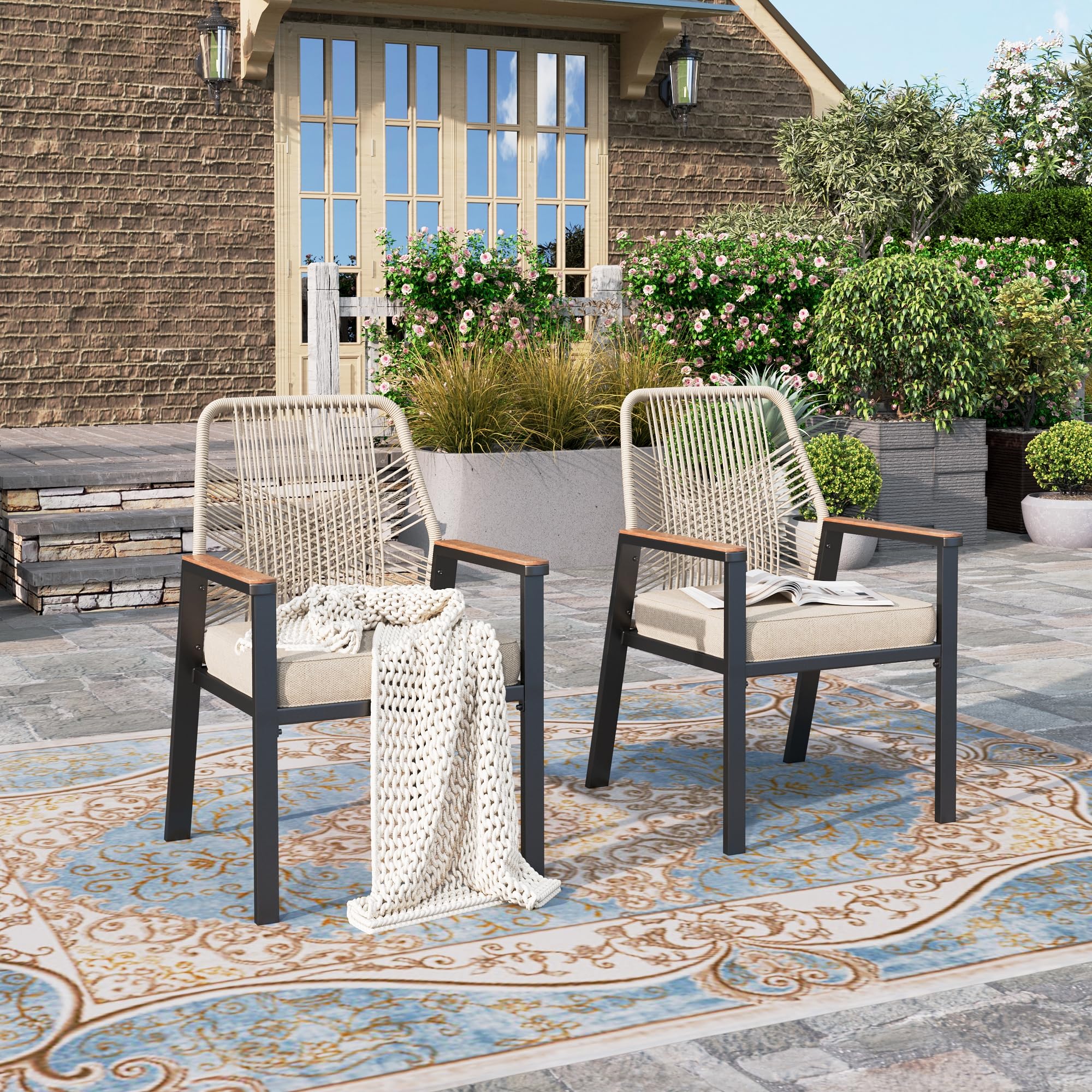Hera'S House Outdoor Chairs Set Of 2, 36.6' Rattan Dining Chairs With Heavy-Duty Wrought Iron Metal Frame, All-Weather Patio Ch