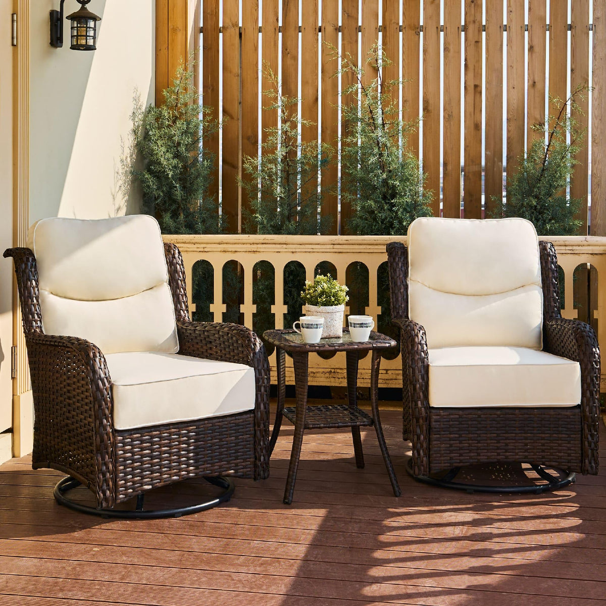 Luxury Outdoor Swivel Rocker Chairs High Back, 3 Piece Patio Rocking Chairs With Thick Cushions, Oversized Bistro Set With Small
