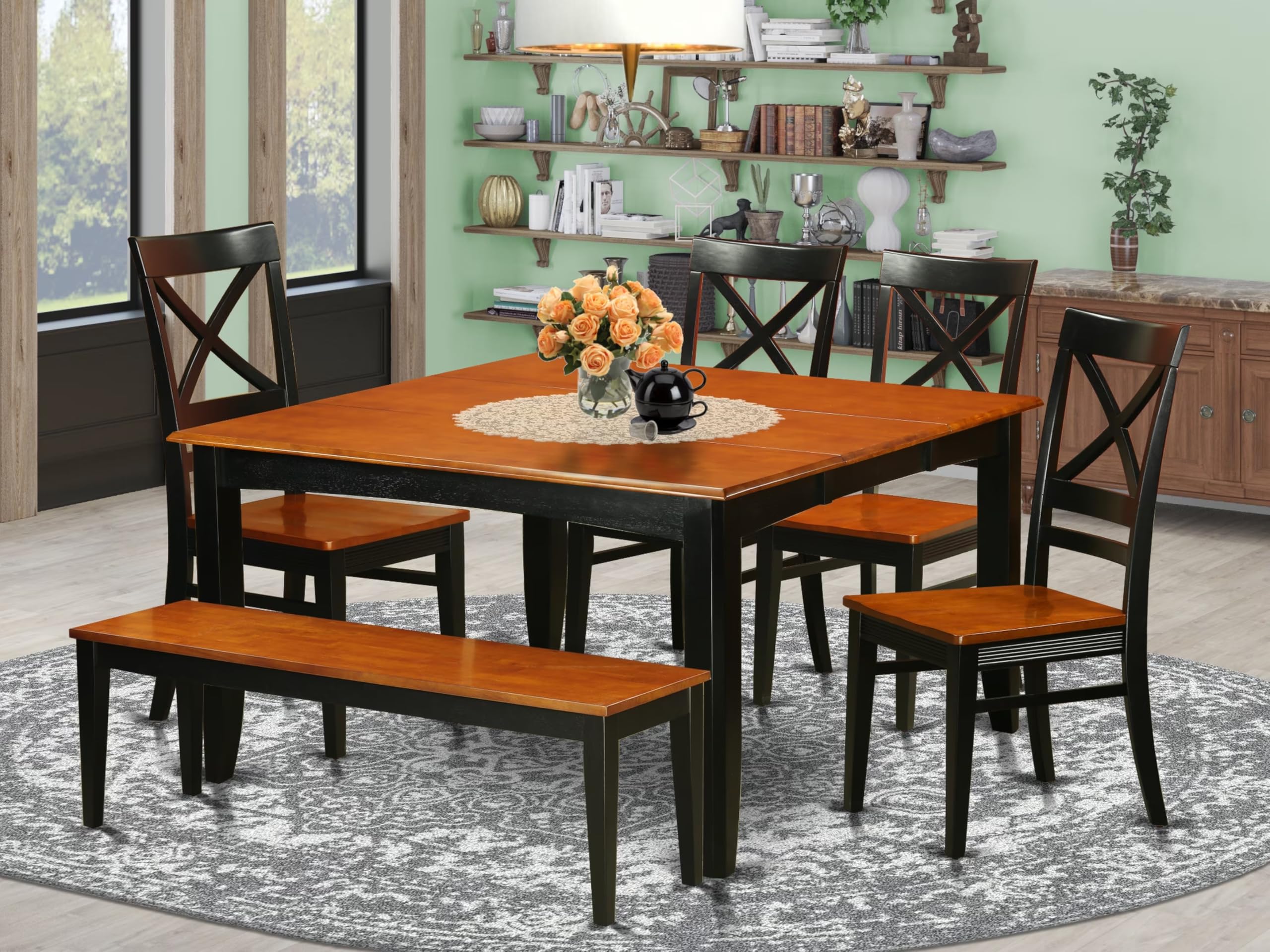 East West Furniture PFQU6-BCH-W 6 Piece Dining Room Table Set Contains a Square Kitchen Table with Butterfly Leaf and 4 Dining Chairs with a Bench, 54x54 Inch, Black & Cherry