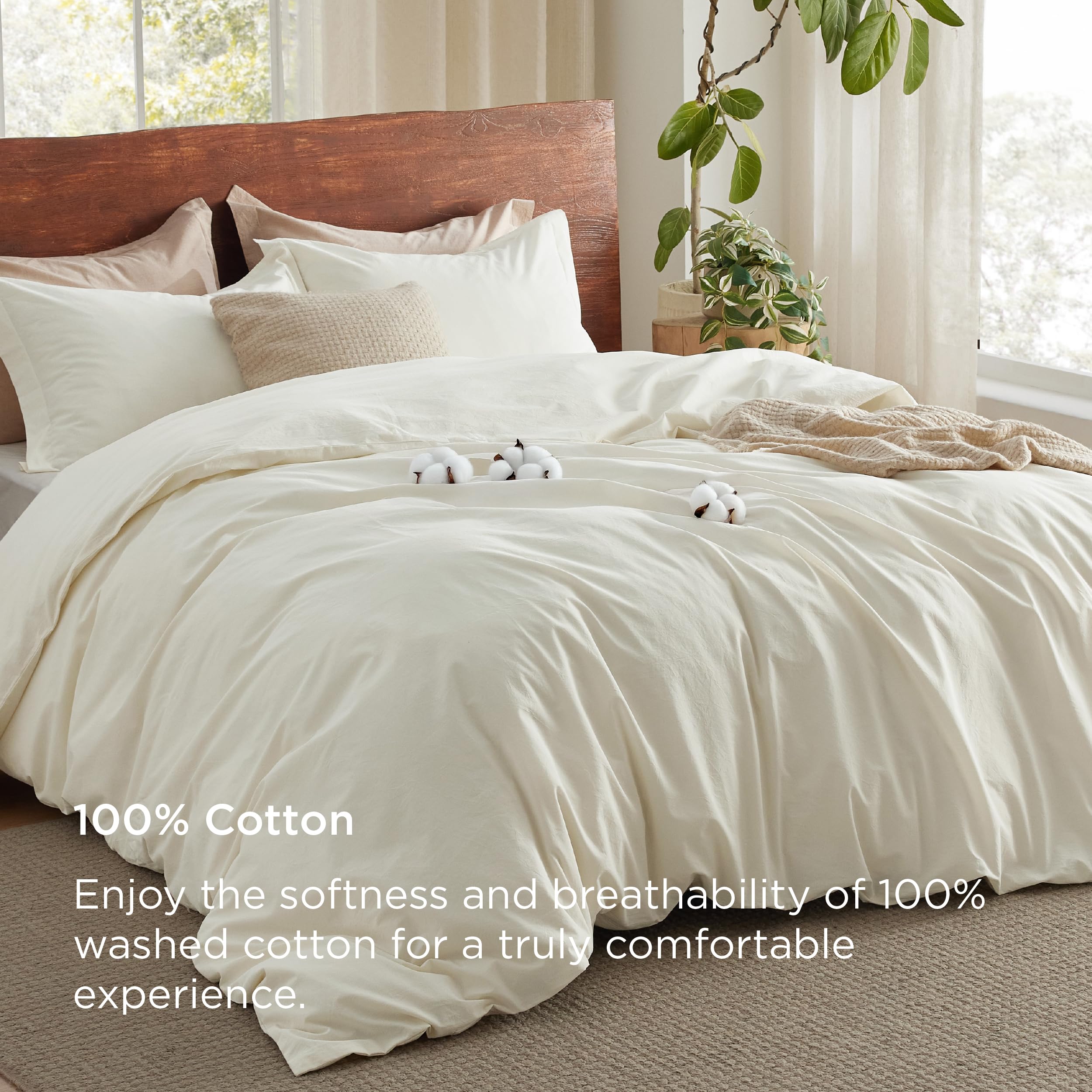 Bedsure 100% Washed Cotton Duvet Cover Full Size - Cream Minimalist Duvet Cover For All Seasons - 3 Pieces Gentlesoft™ Plain Simple Cotton Bedding Set With 2 Pillow Shams (Cream, Full, 80'X90')