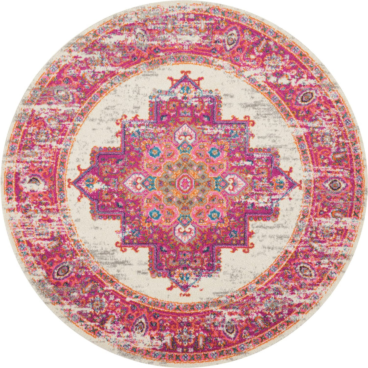 Nourison Passion Ivory/Fuchsia 4' X Round Area Rug, Boho, Traditional, Easy Cleaning, Non Shedding, Bed Room, Living Room, Hallw