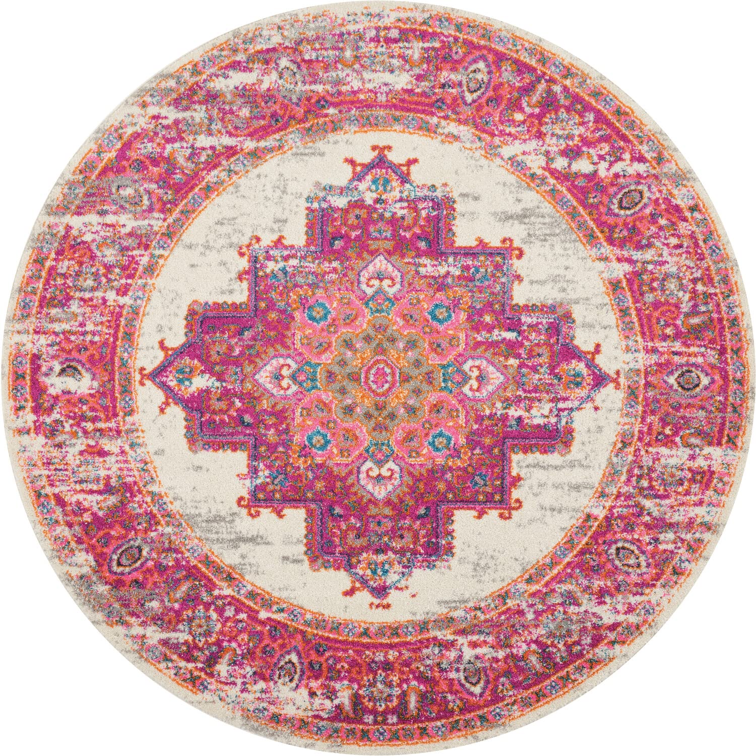 Nourison Passion Ivory/Fuchsia 4' X Round Area Rug, Boho, Traditional, Easy Cleaning, Non Shedding, Bed Room, Living Room, Hallw