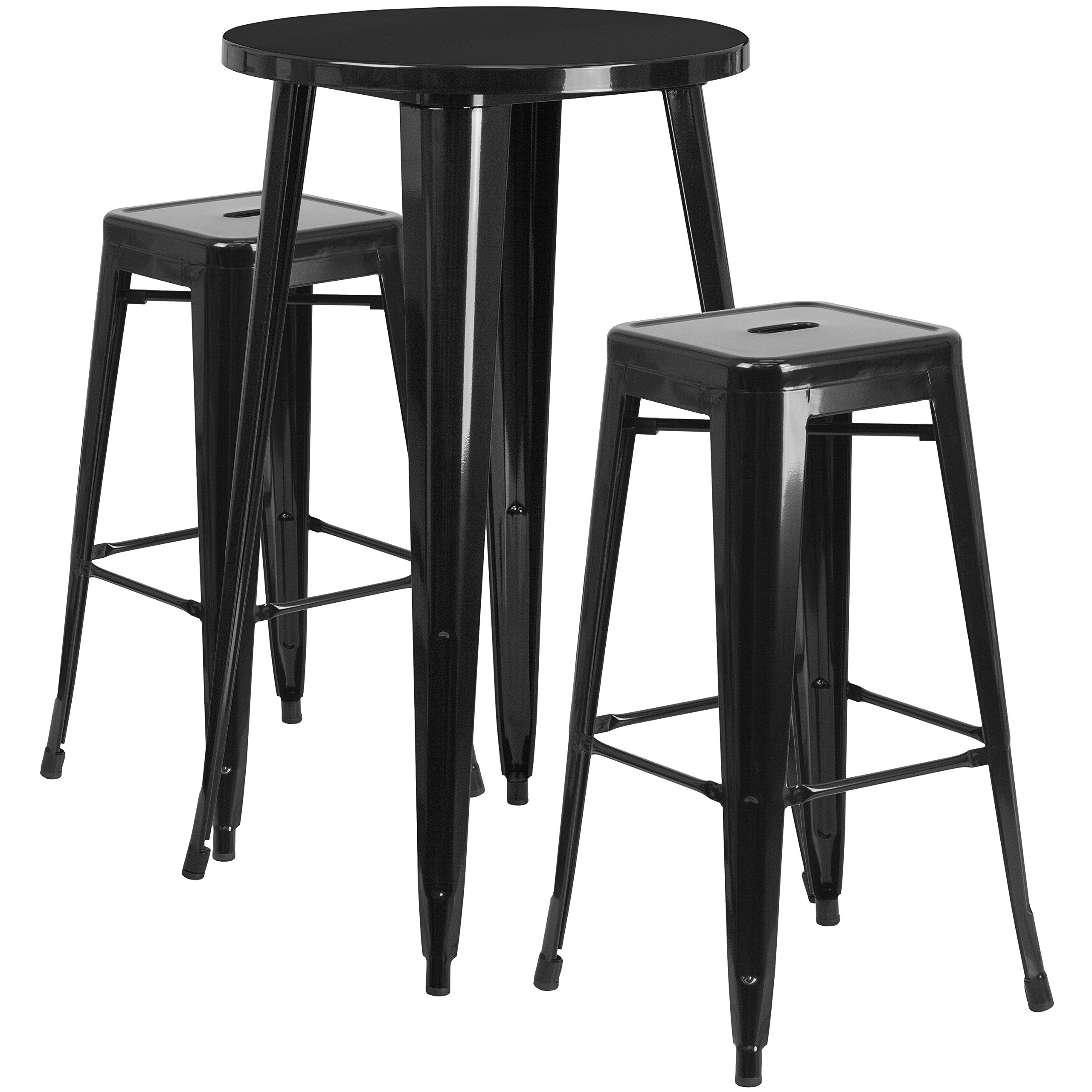 Flash Furniture Commercial Grade 24&quot; Round Black Metal Indoor-Outdoor Bar Table Set with 2 Square Seat Backless Stools