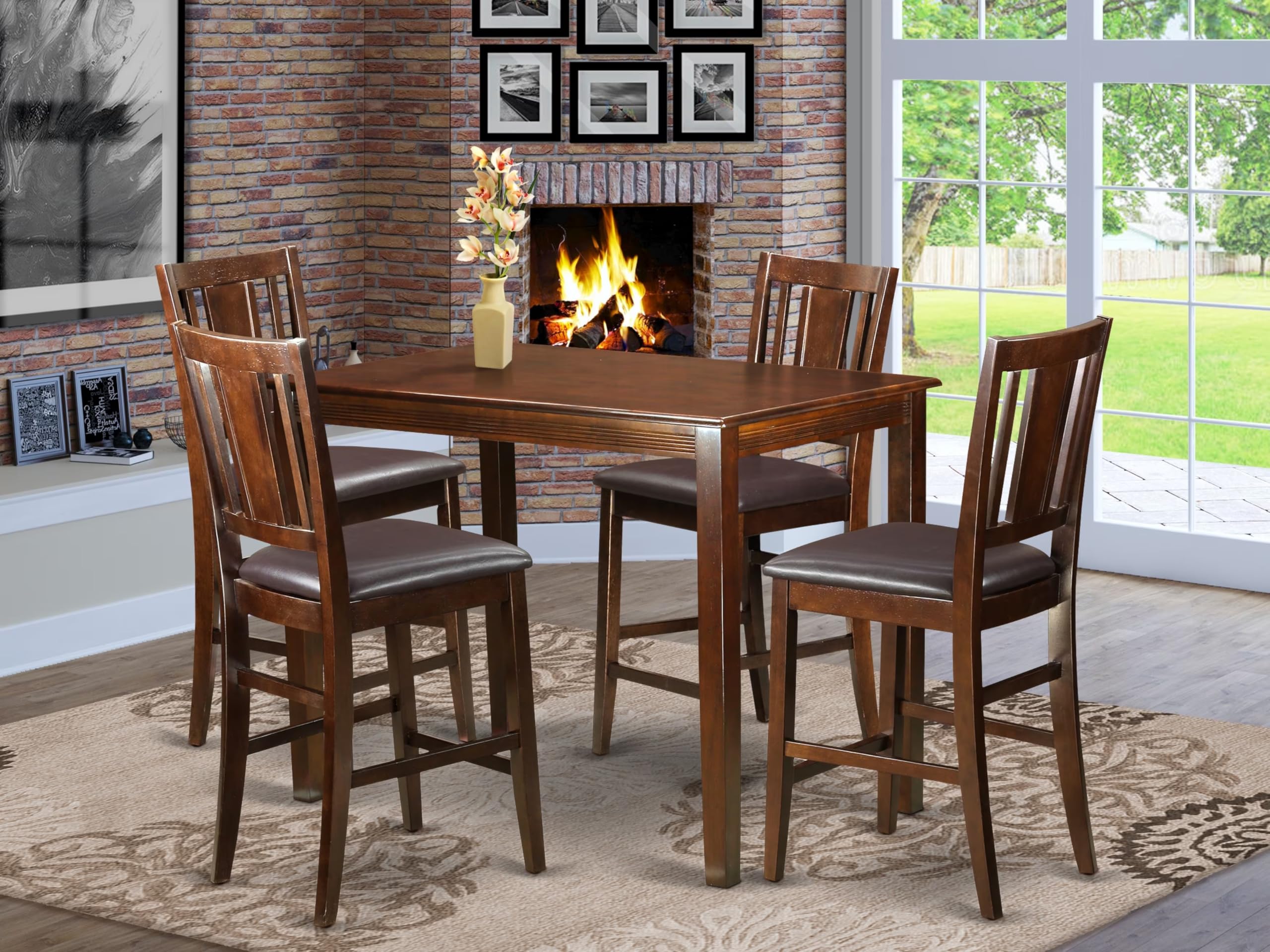 East West Furniture YABU5-MAH-LC 5 Piece Counter Height Pub Set Includes a Rectangle Dining Table and 4 Faux Leather Kitchen Dining Chairs, 30x48 Inch, Mahogany