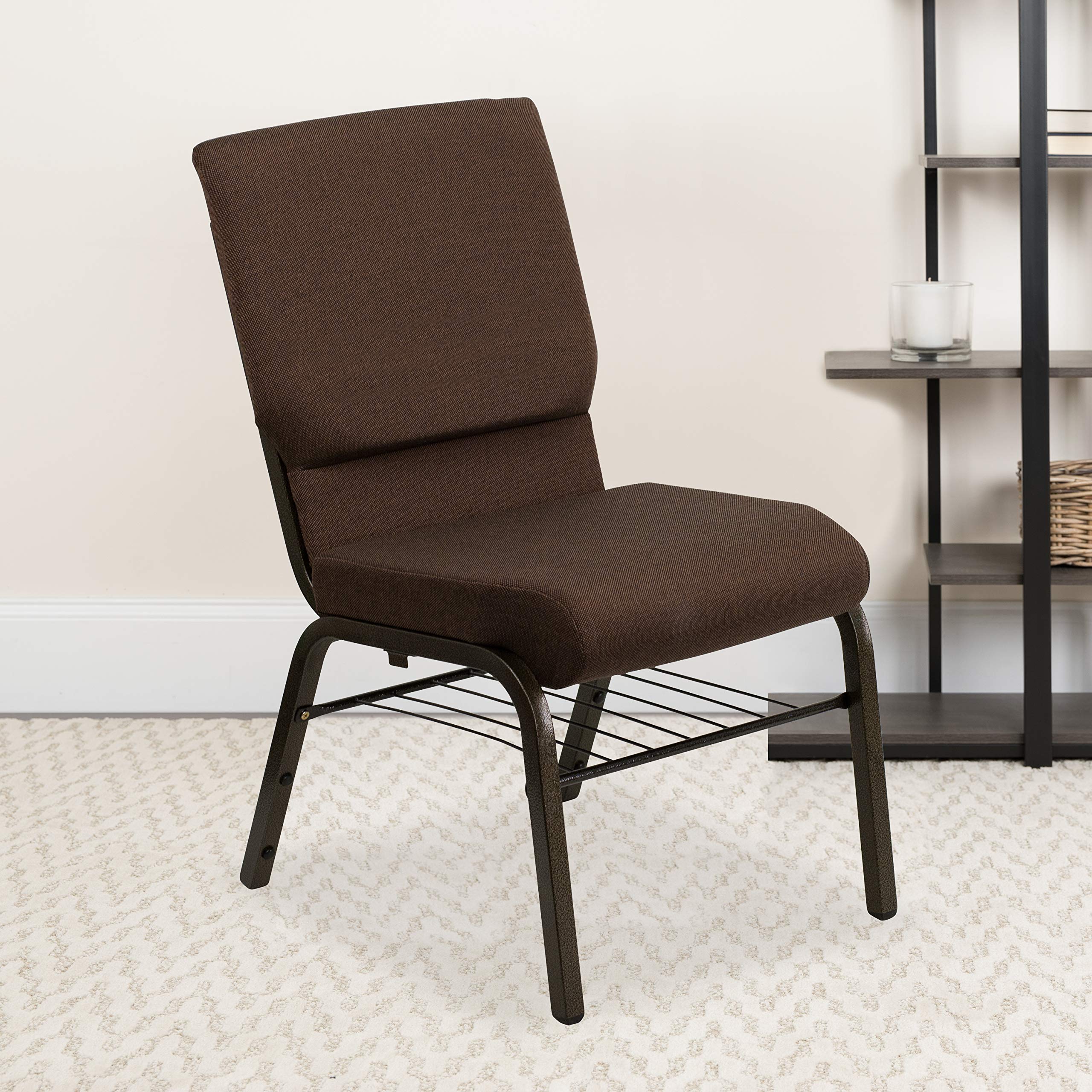 Flash Furniture HERCULES Series 18.5''W Church Chair in Brown Fabric with Book Rack - Gold Vein Frame