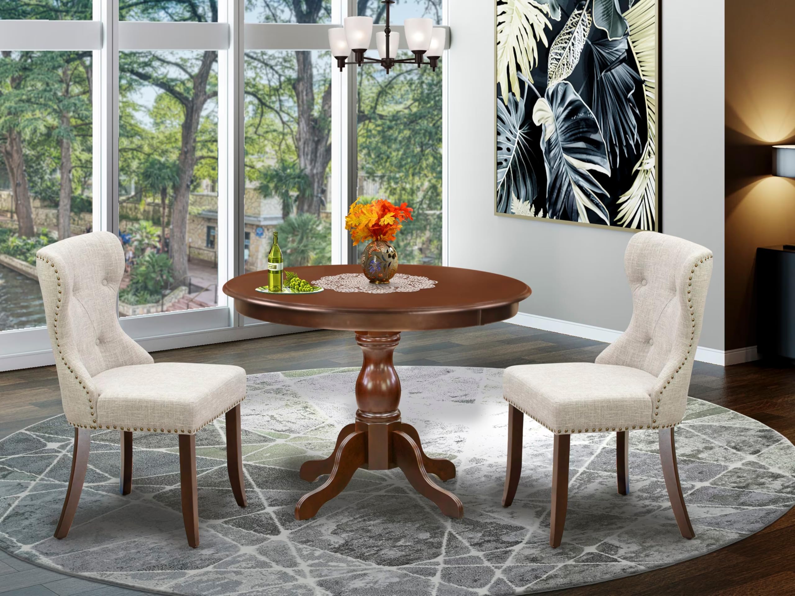 East West Furniture HBSI3-MAH-35 3 Piece Dining Set Contains a Round Dining Room Table with Pedestal and 2 Doeskin Linen Fabric Upholstered Parson Chairs, 42x42 Inch, Mahogany