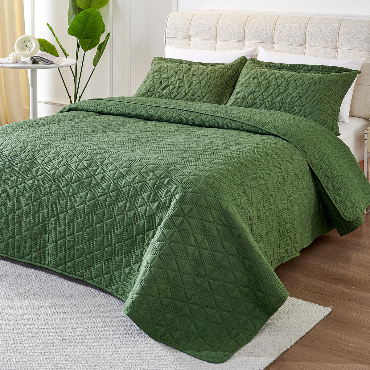 Leaonme Full/Queen Quilt Set 3 Pieces, Lightweight Olive Green Bedspread-90''X98'', Soft Microfiber Summer Quilt/Coverlet, Luxur
