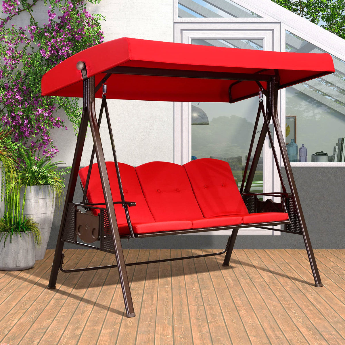 Purple Leaf 3-Seat Deluxe Outdoor Patio Porch Swing With Weather Resistant Steel Frame, Adjustable Tilt Canopy, Cushions And Pillow Included, Terra