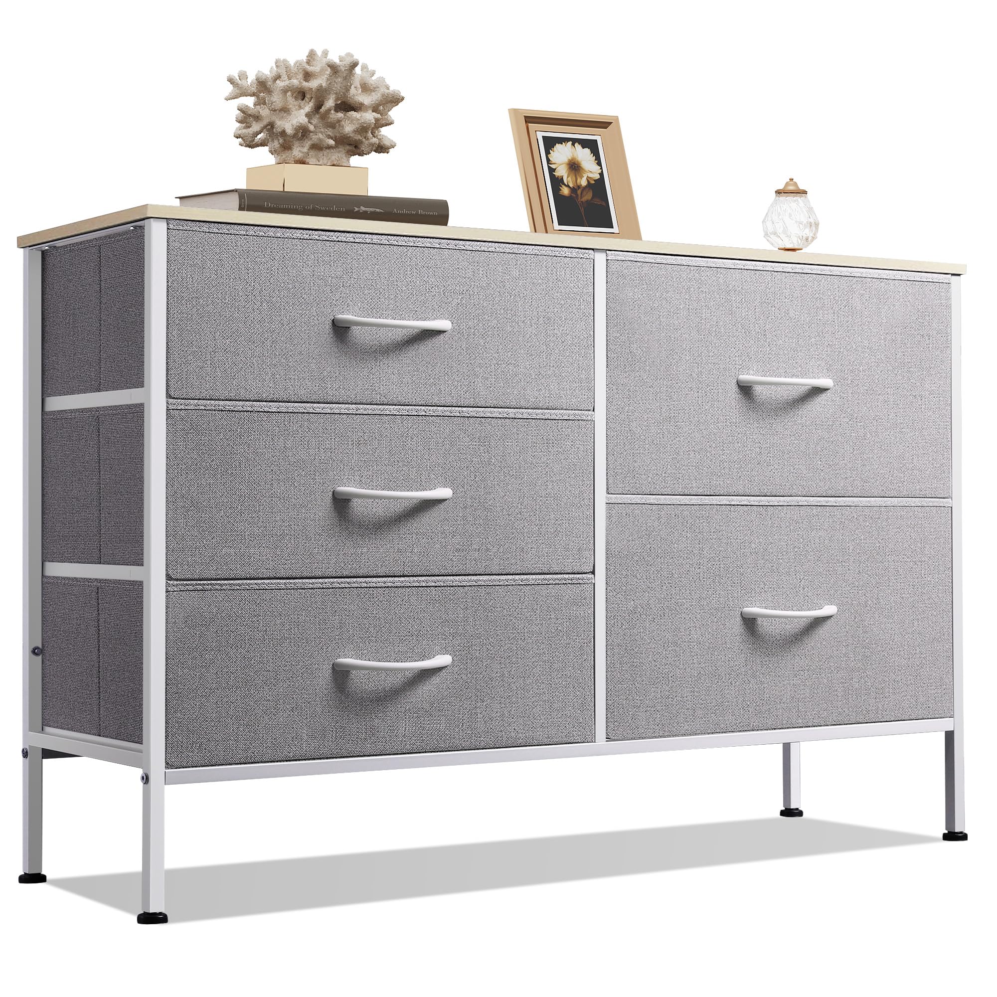 Wlive Dresser For Bedroom With 5 Drawers, Wide Bedroom Dresser With Drawer Organizers, Chest Of Drawers, Fabric Dresser For Living Room, Closet, Hallway, Light Grey