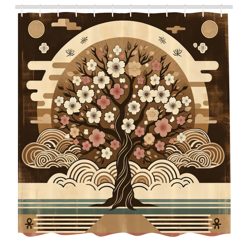 Ambesonne Brown Shower Curtain, Asian Cultural Inspired Tree Design Grunge Earthy Style Floral Branches, Cloth Fabric Bathroom D