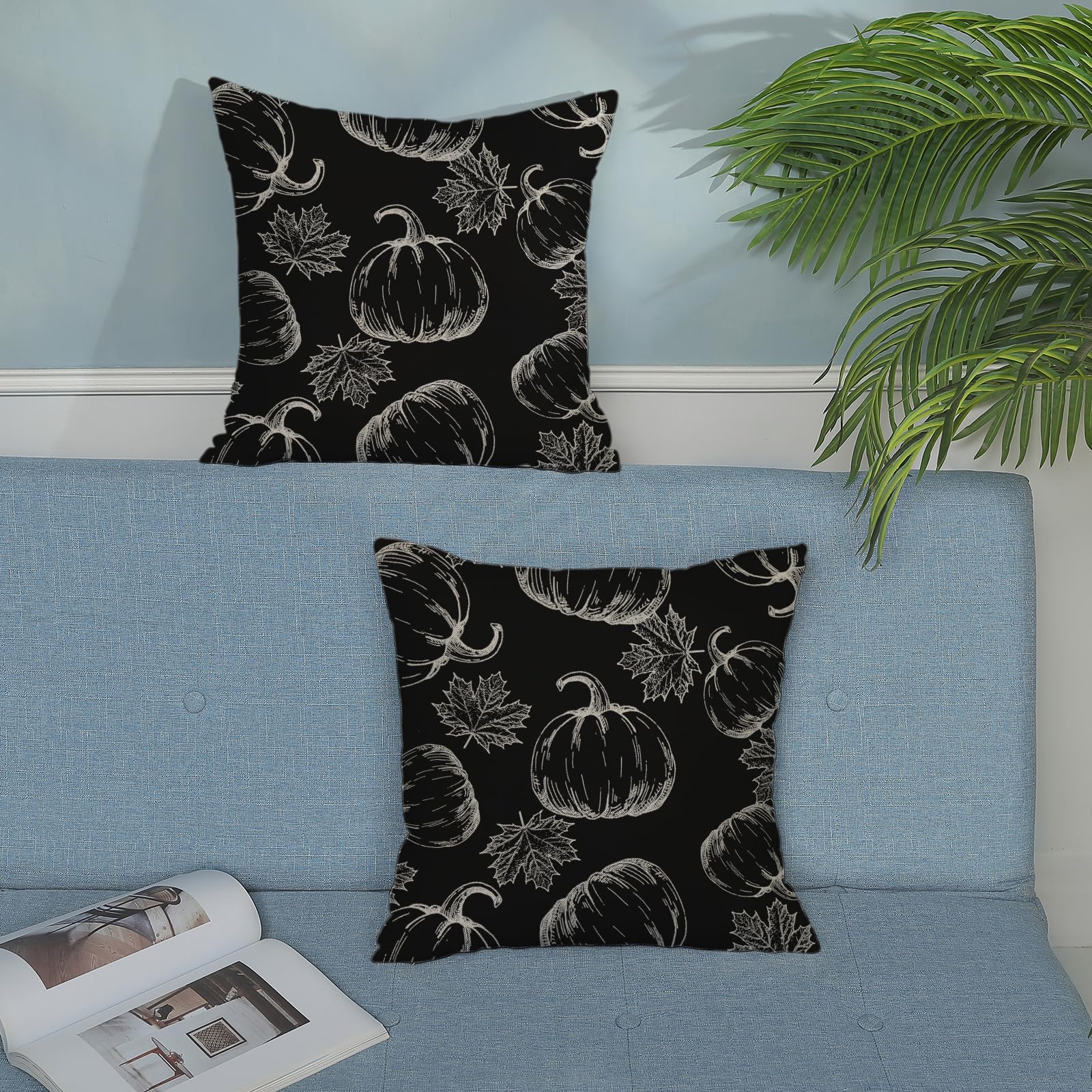 Fall Pillow Covers 18X18 Black Cream Pumpkin Decor Throw Pillows Case For Couch Maple Leaves Autumn Harvest Thanksgiving Farmhou