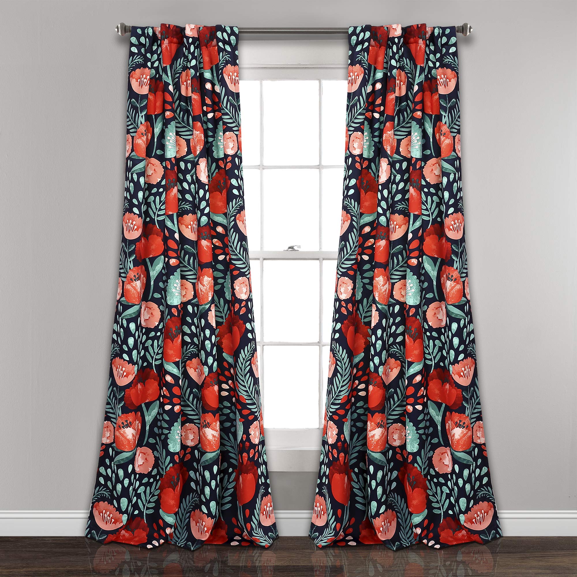 Lush Decor, 95' X 52', Navy Poppy Garden Curtains Light Filtering Window Set For Living, Dining, Bedroom, 95 In L Panel Pair