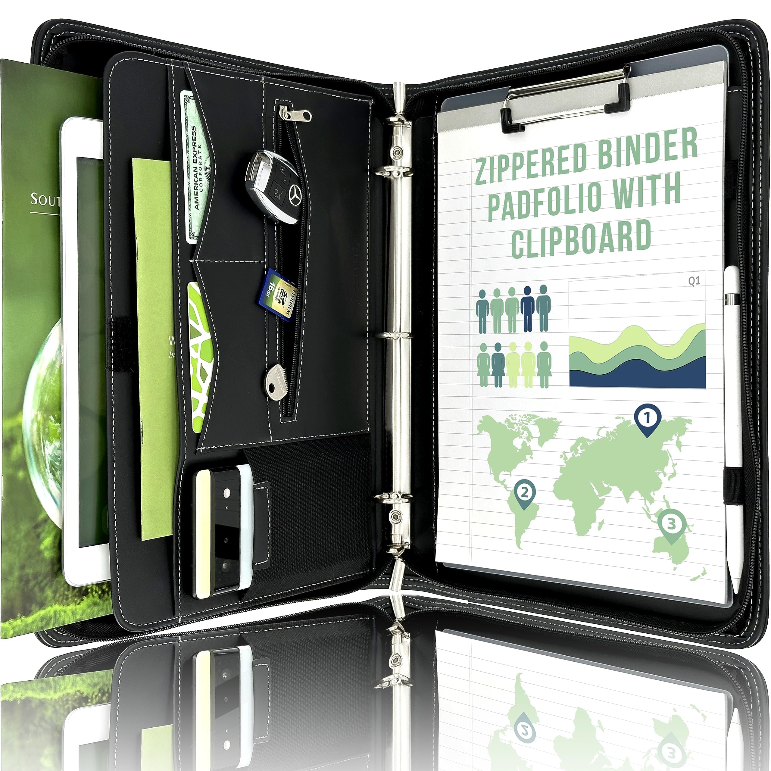 Stylio Zipper Portfolio Binder | Padfolio 3 Ring Binder And Clipboard Folio (Removable) | Portfolio Organizer For Documents, Ipa