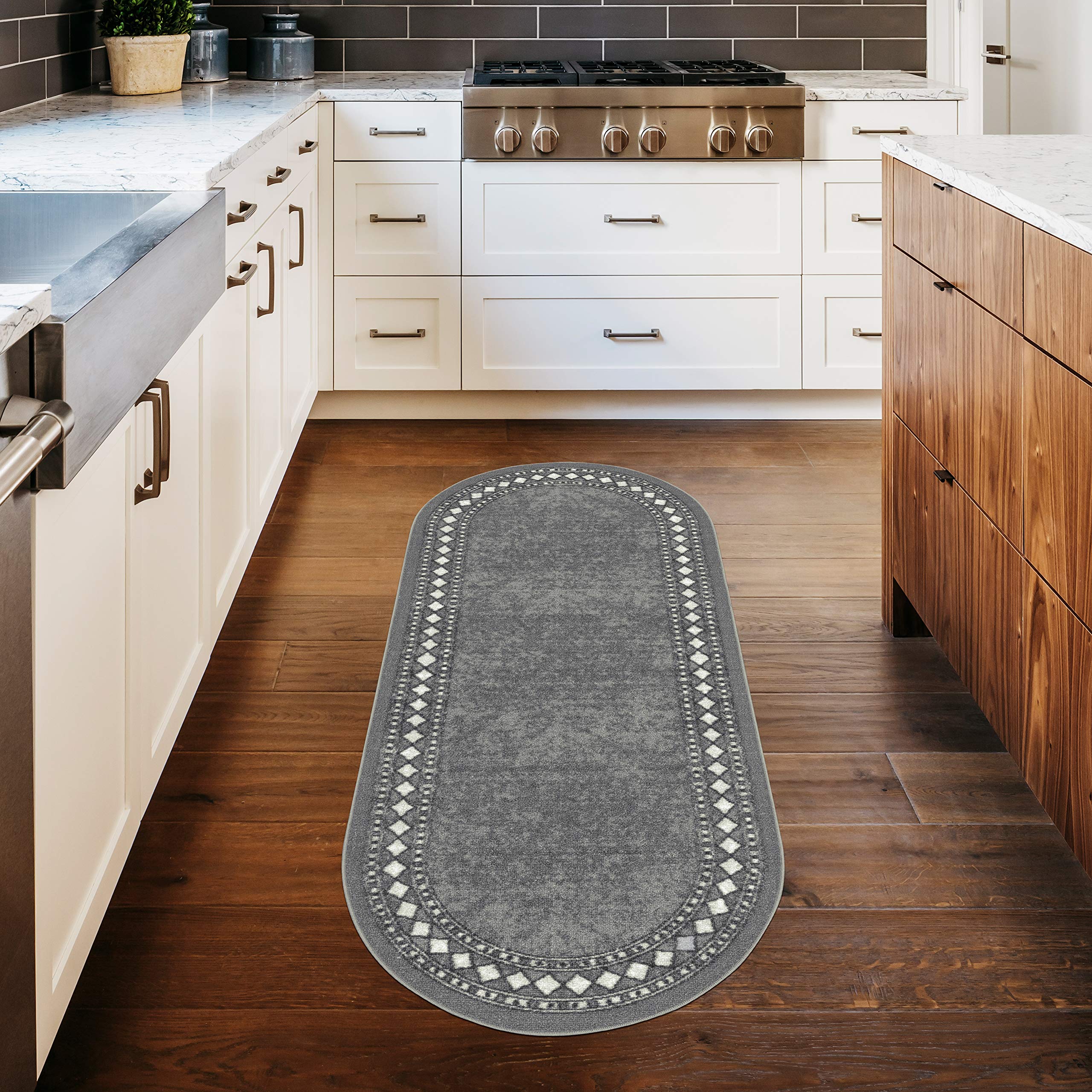 Antep Rugs Alfombras Modern Bordered 2x5 Non-Skid (Non-Slip) Low Profile Pile Rubber Backing Kitchen Area Rugs (Gray, 2 x 5 Ov