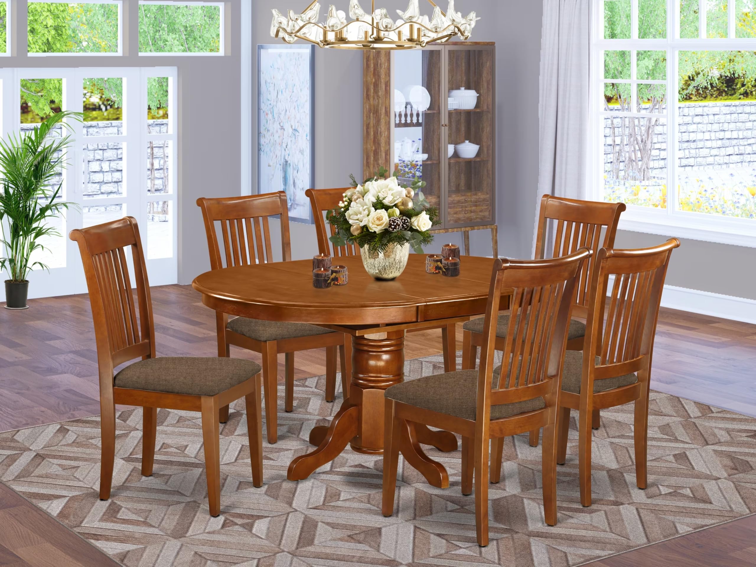East West Furniture AVPO7-SBR-C 7 Piece Dining Set Consist of an Oval Dining Room Table with Butterfly Leaf and 6 Linen Fabric Upholstered Kitchen Chairs, 42x60 Inch, Saddle Brown