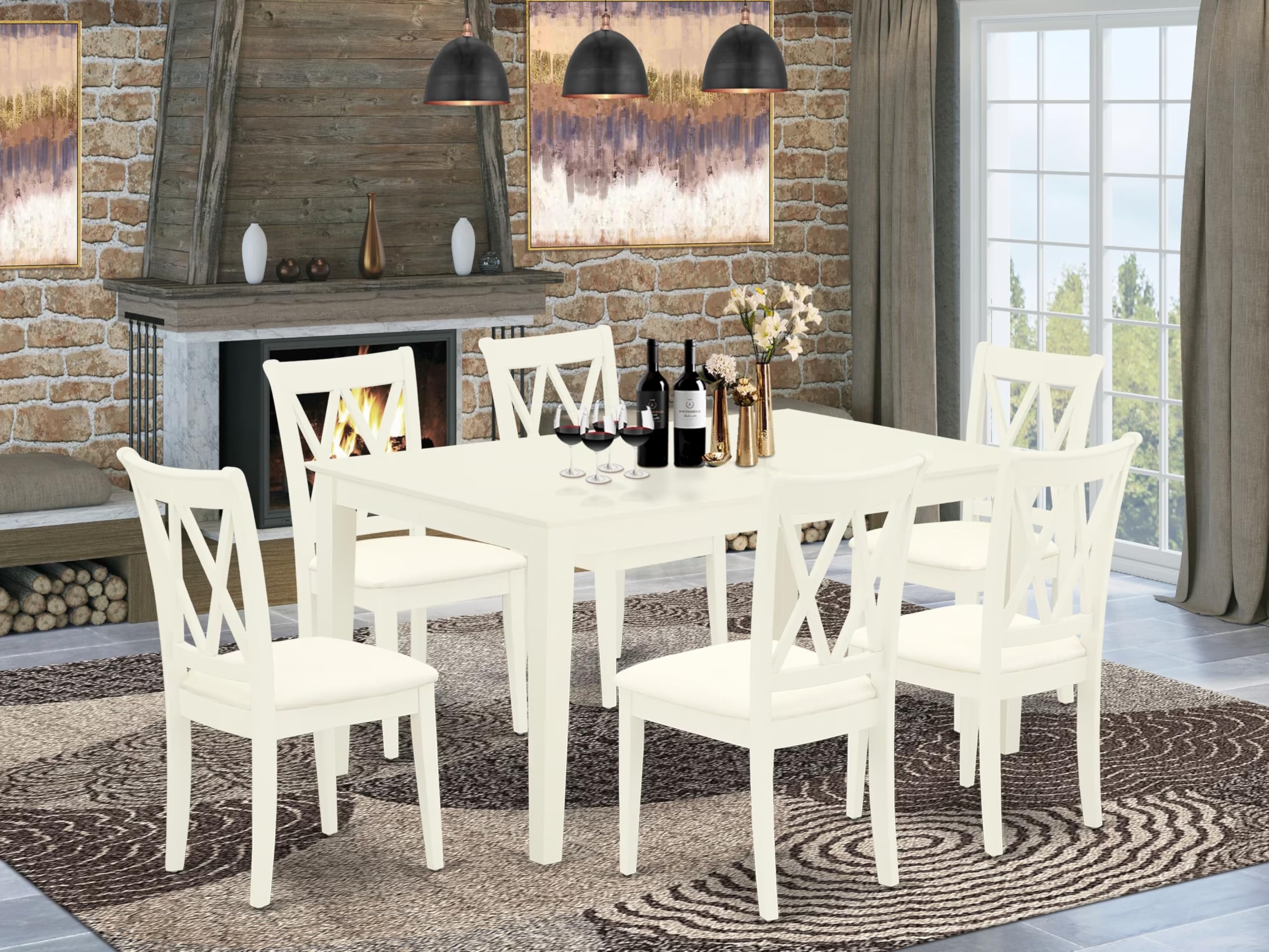 East West Furniture Cacl7-Lwh-C 7 Piece Kitchen Table & Chairs Set Consist Of A Rectangle Dining Room Table And 6 Linen Fabric Upholstered Dining Chairs, 36X60 Inch, Linen White